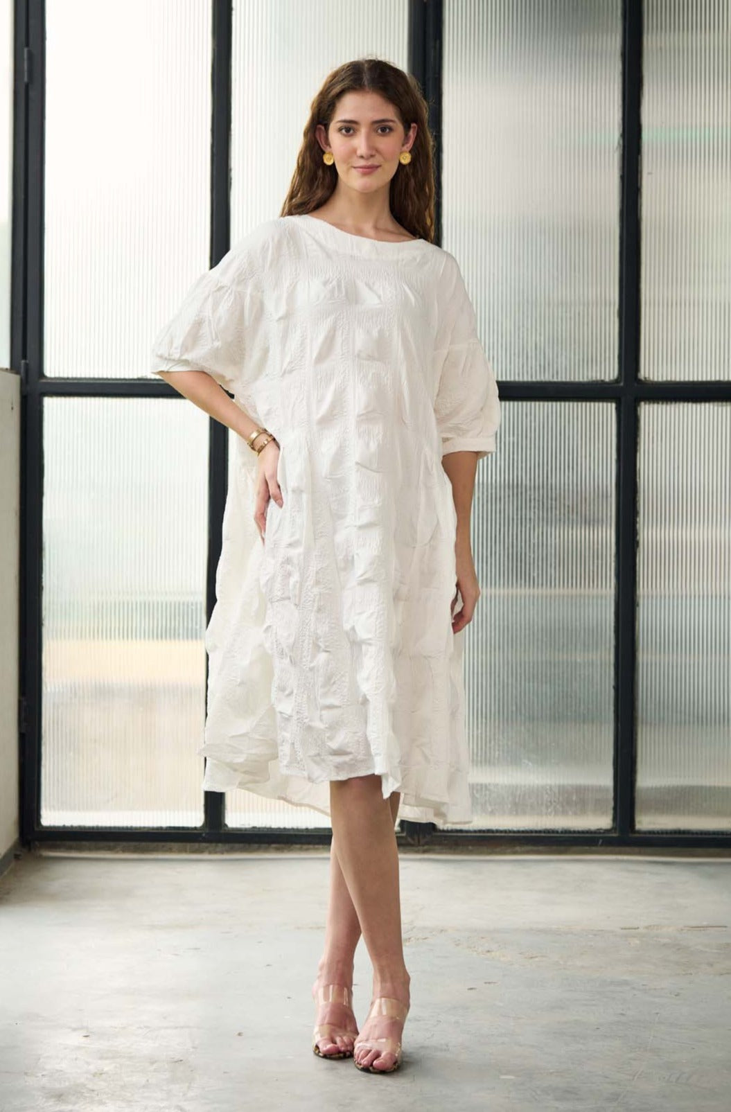 knee length dresses for ladies White Textured Midi Dress