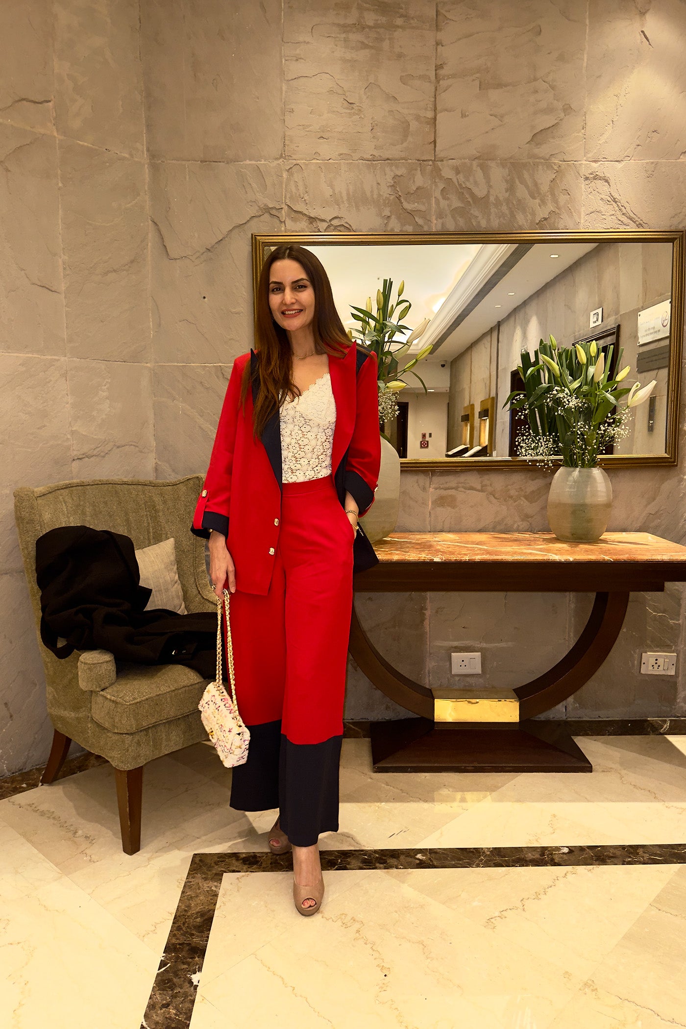 Dipti Dhillion In Navy and Crimson Power Suit