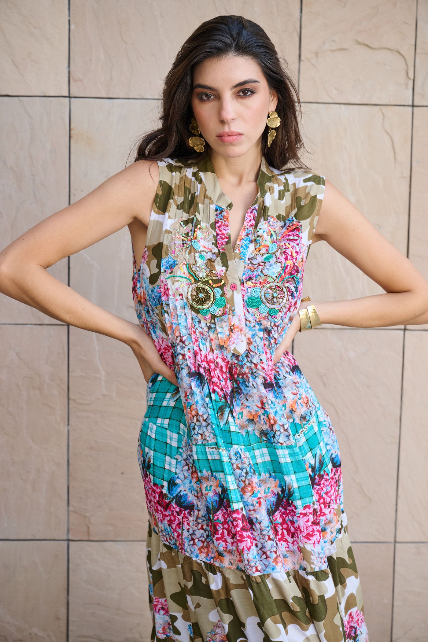 Tropical Serenity Embroidered Sleevless Dress