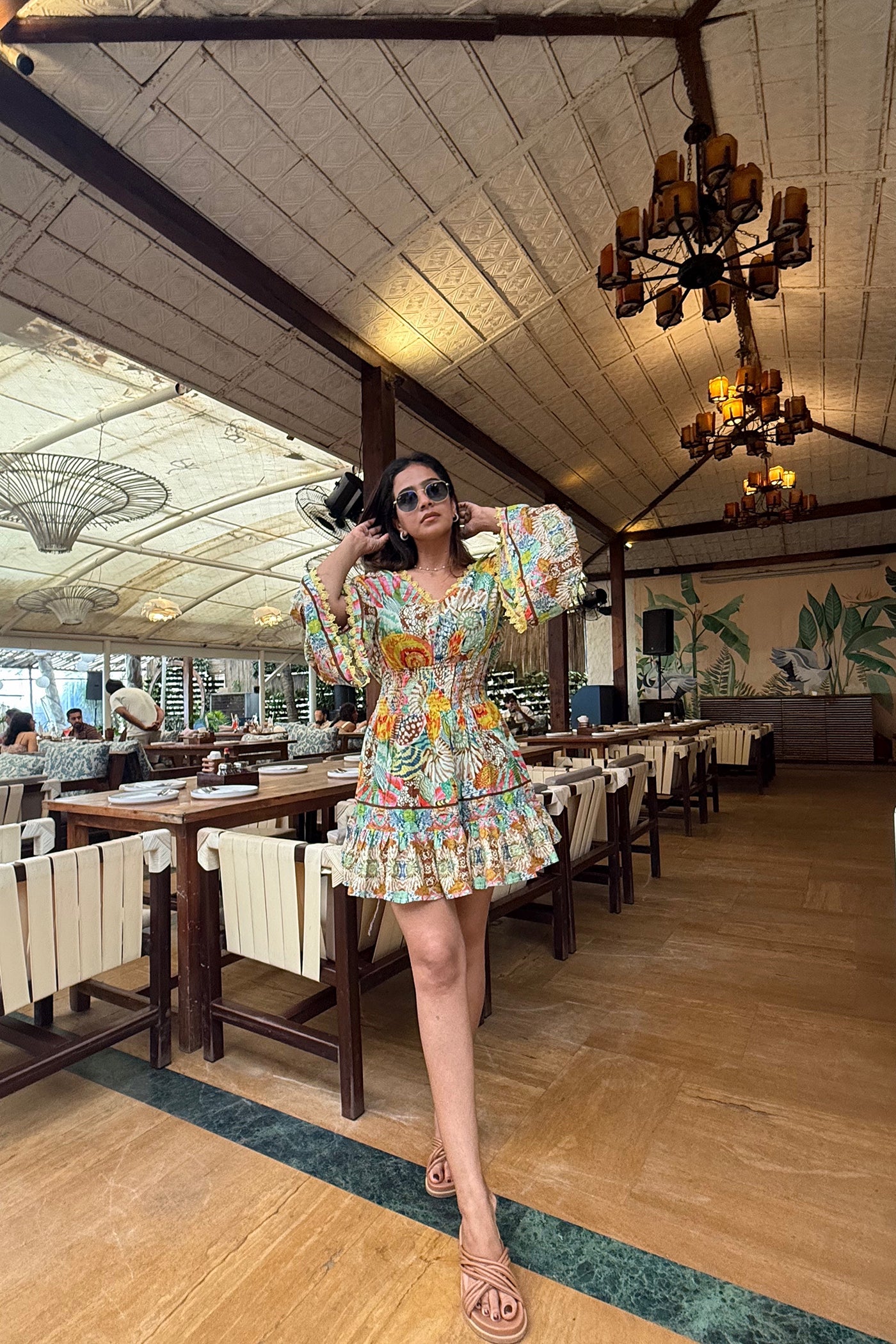 Fernil Urmigar In Printed Dress With V Neck And Bell Sleeves