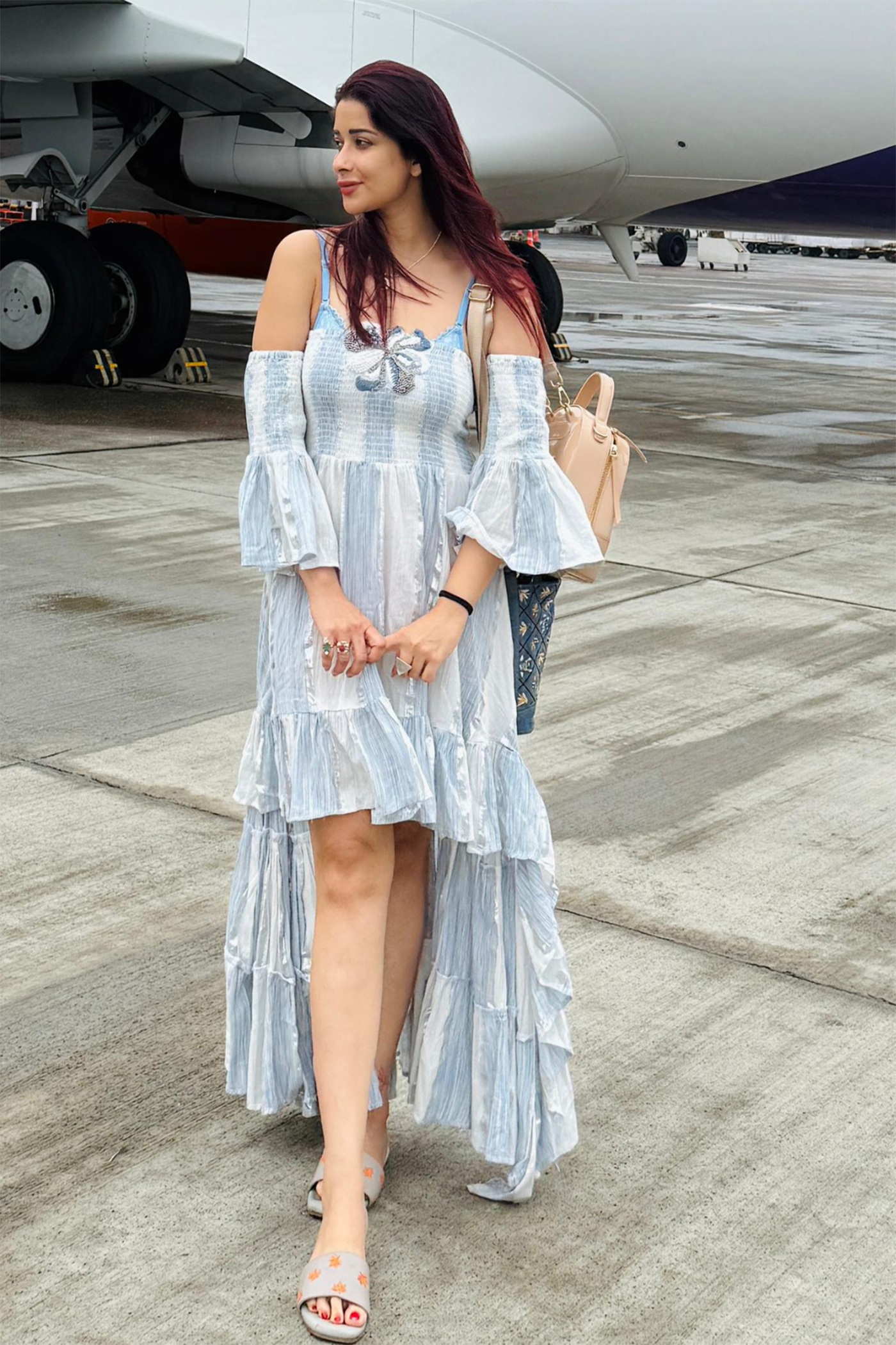 Nyraa Banerjee In Lurex Printed Off Shoulder High Low Maxi Dress