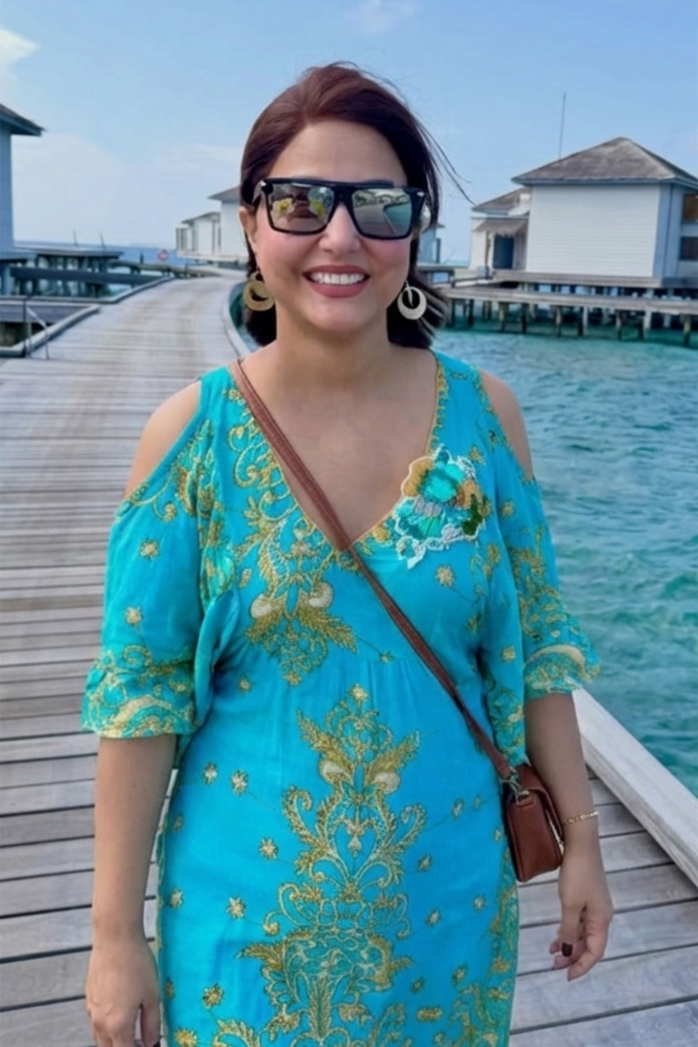 HINA KHAN In Teal Green Printed Cold Shoulder Mini Kaftan