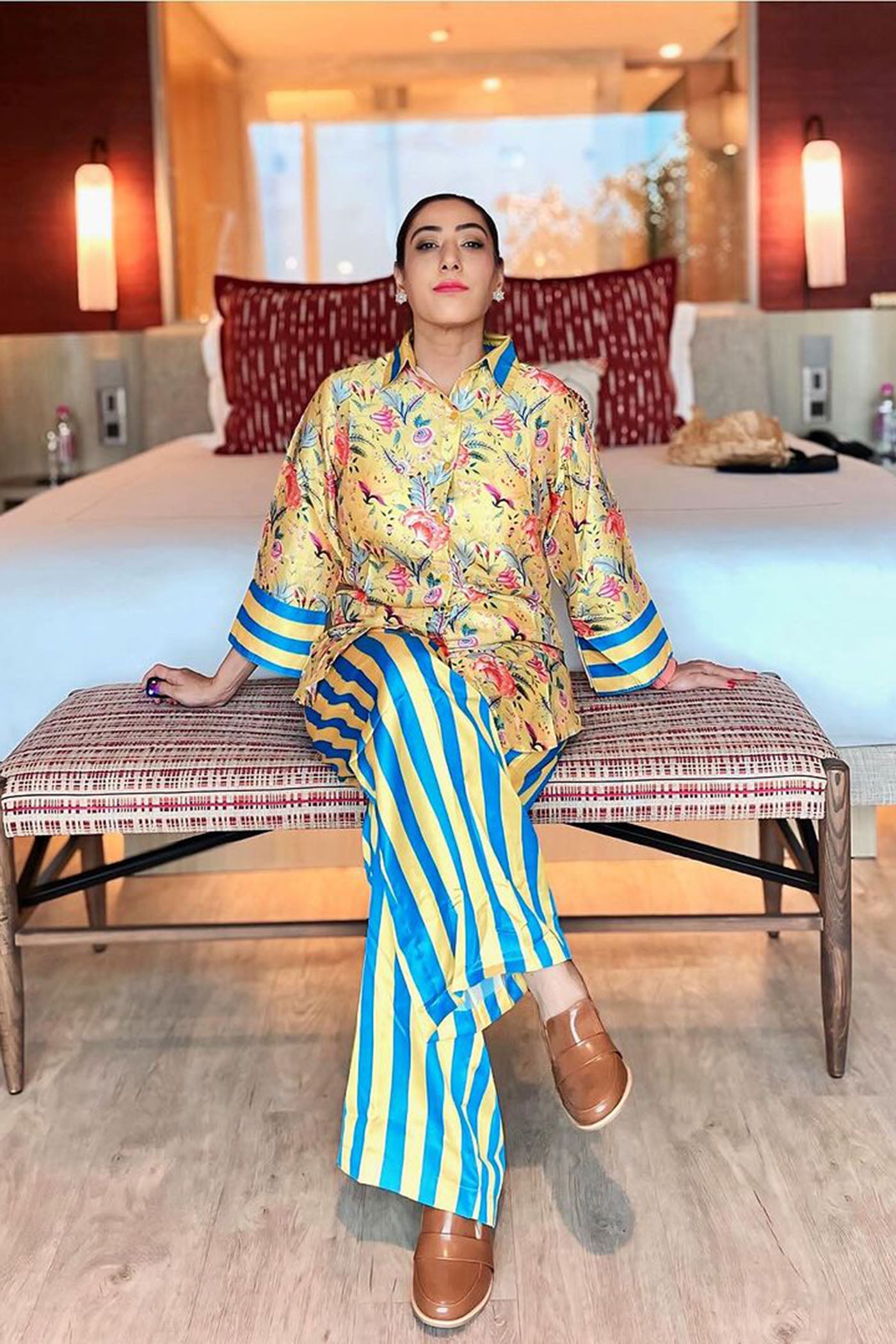 Veidhei Gita In Yellow Printed Floral Shirt With Stripe Pants