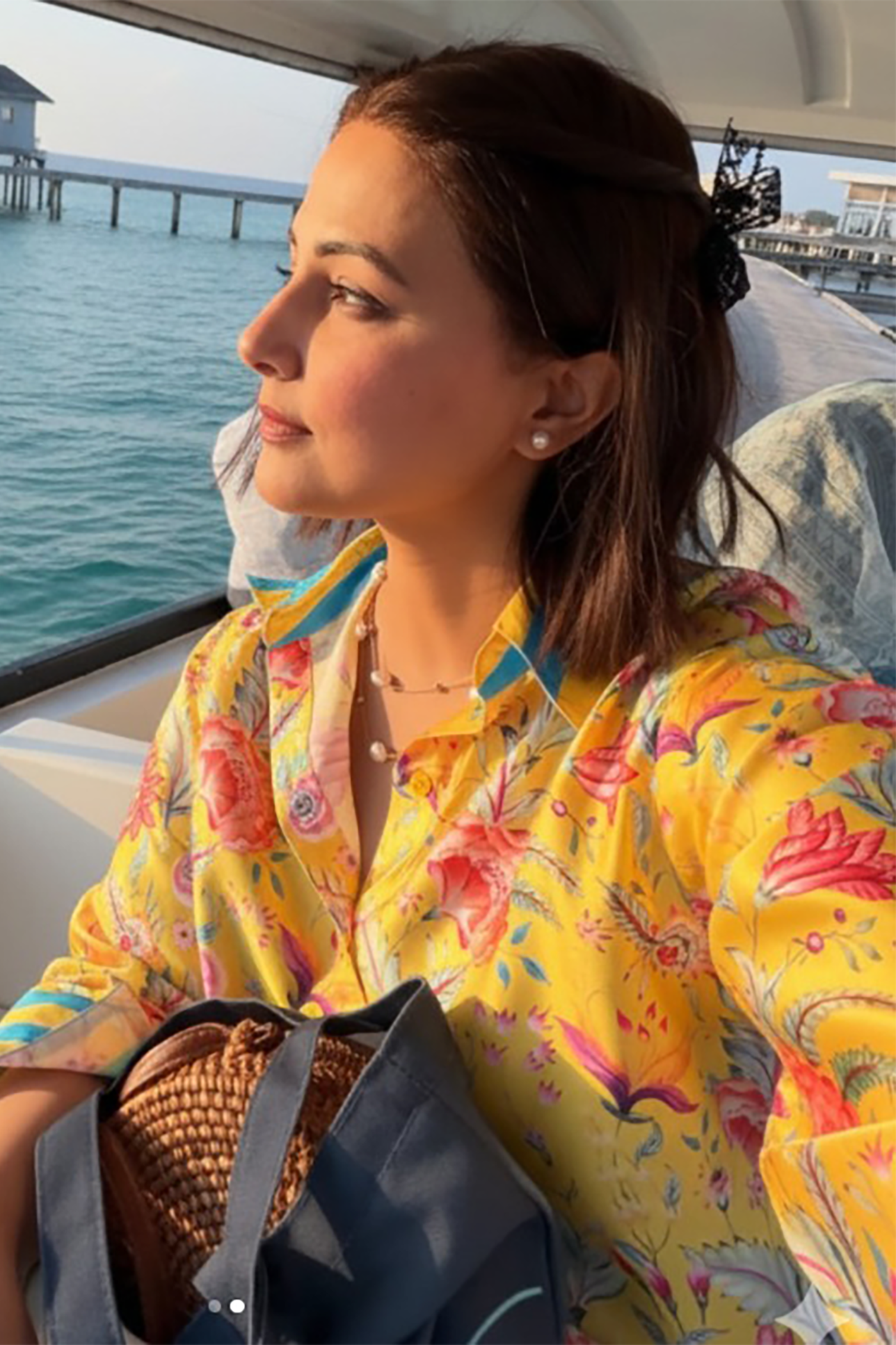 Hina Khan In Yellow Printed Floral Shirt With Stripe Pants