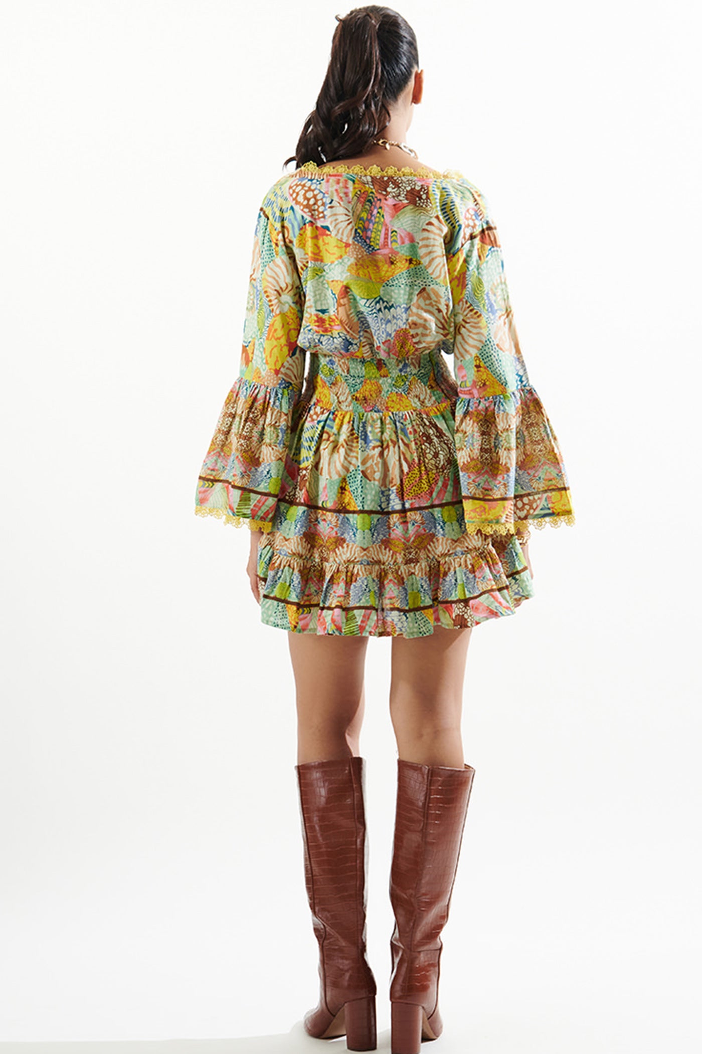Fernil Urmigar In Printed Dress With V Neck And Bell Sleeves