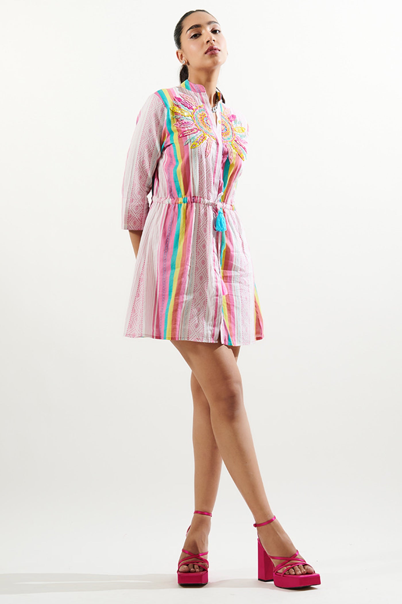 Embroidered neck printed dress