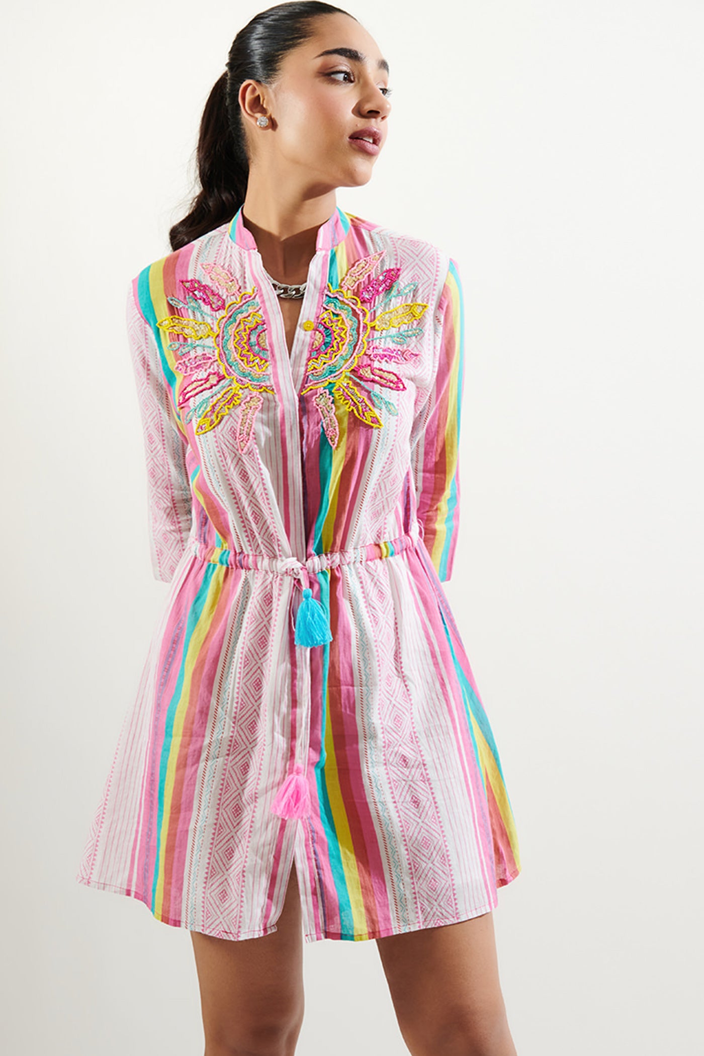 Embroidered neck printed dress