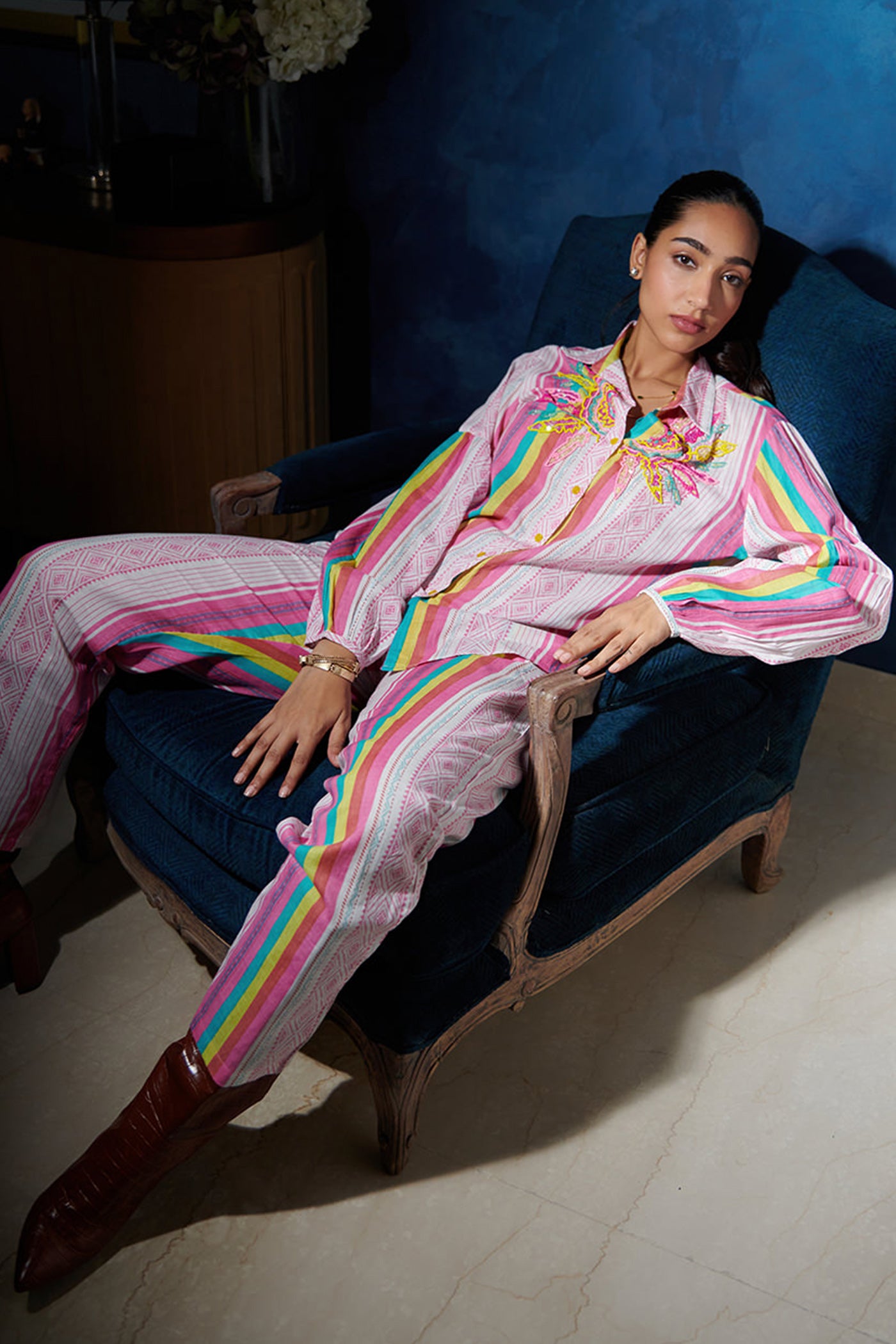 Stripe cotton shirt and pant set