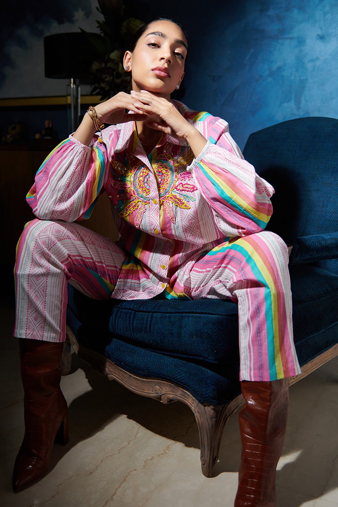 Stripe cotton shirt and pant set