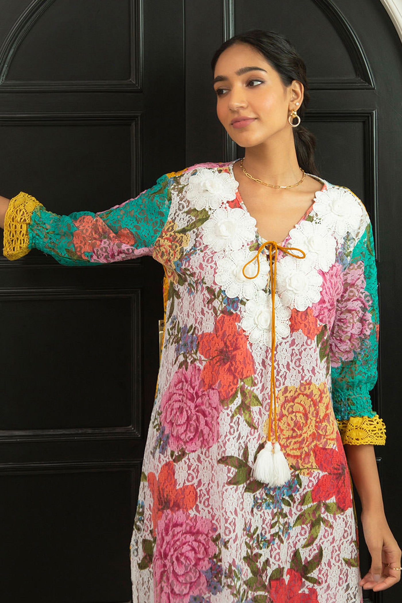 cotton printed laced kurta set