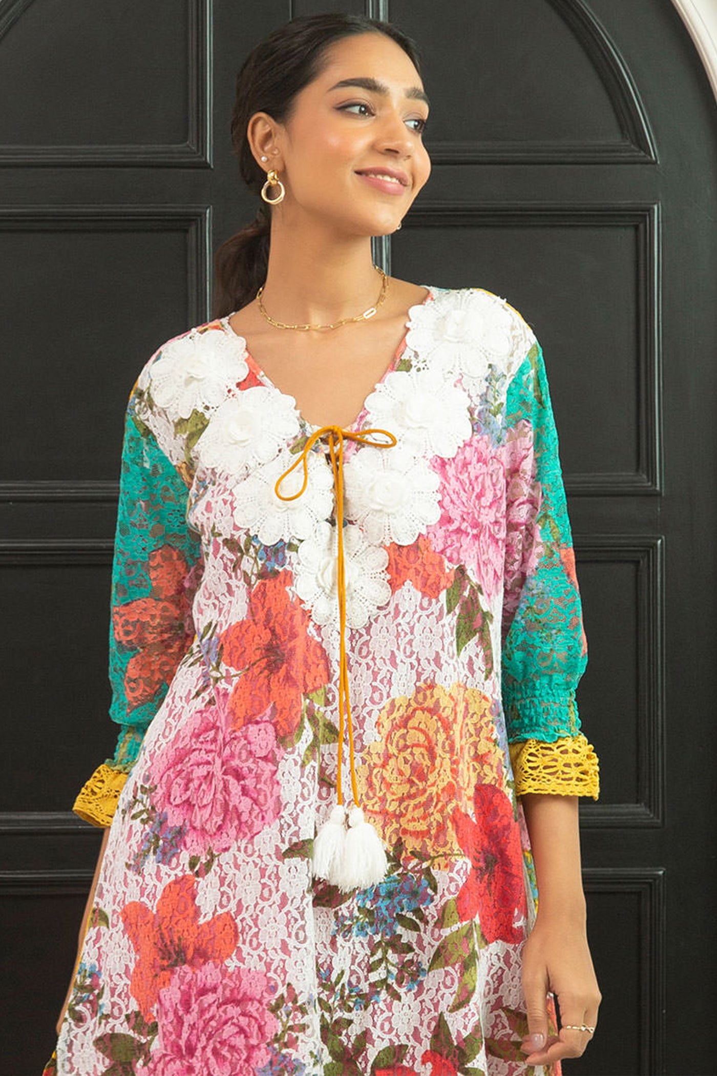 cotton printed laced kurta set