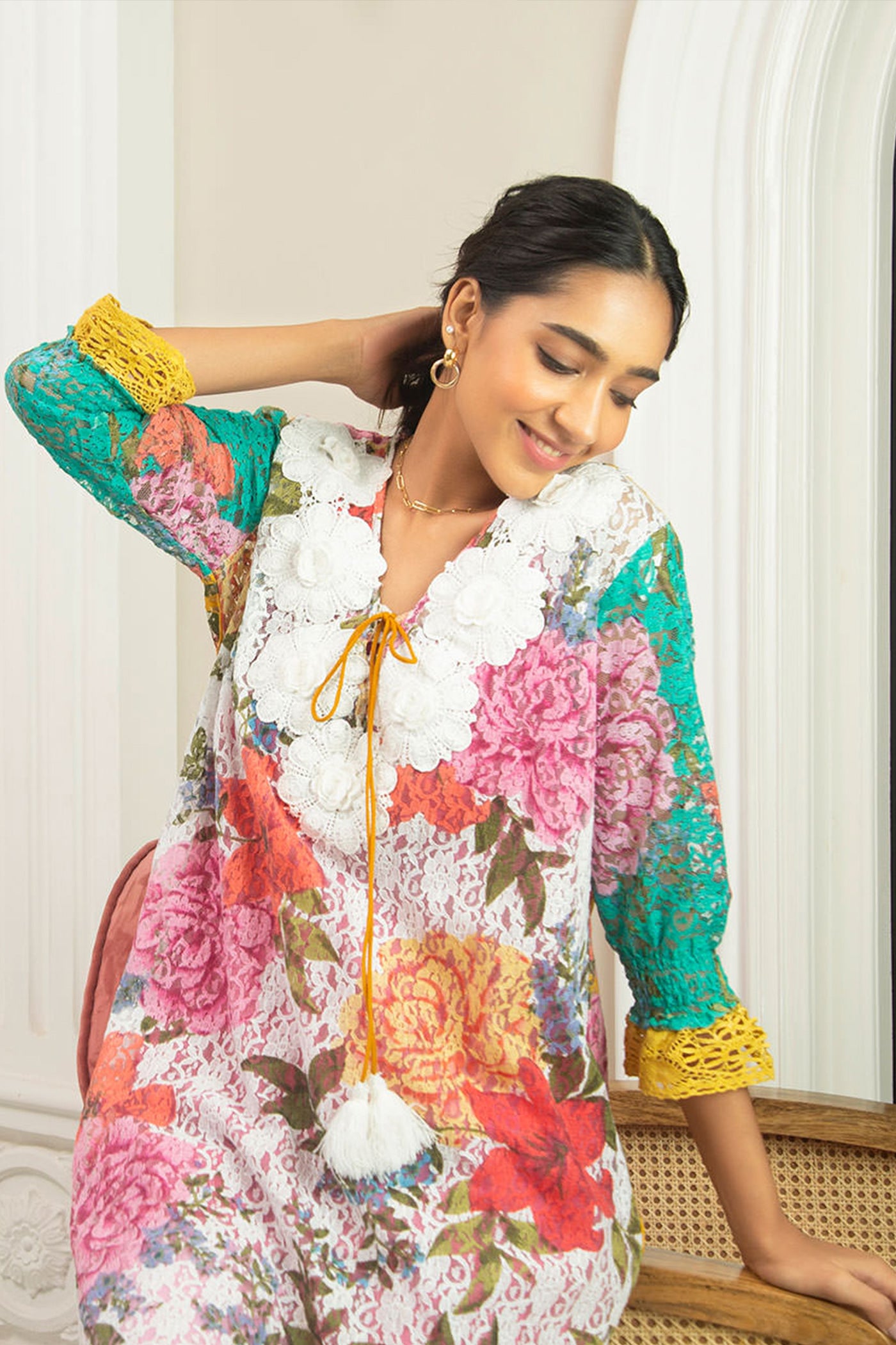 cotton printed laced kurta set