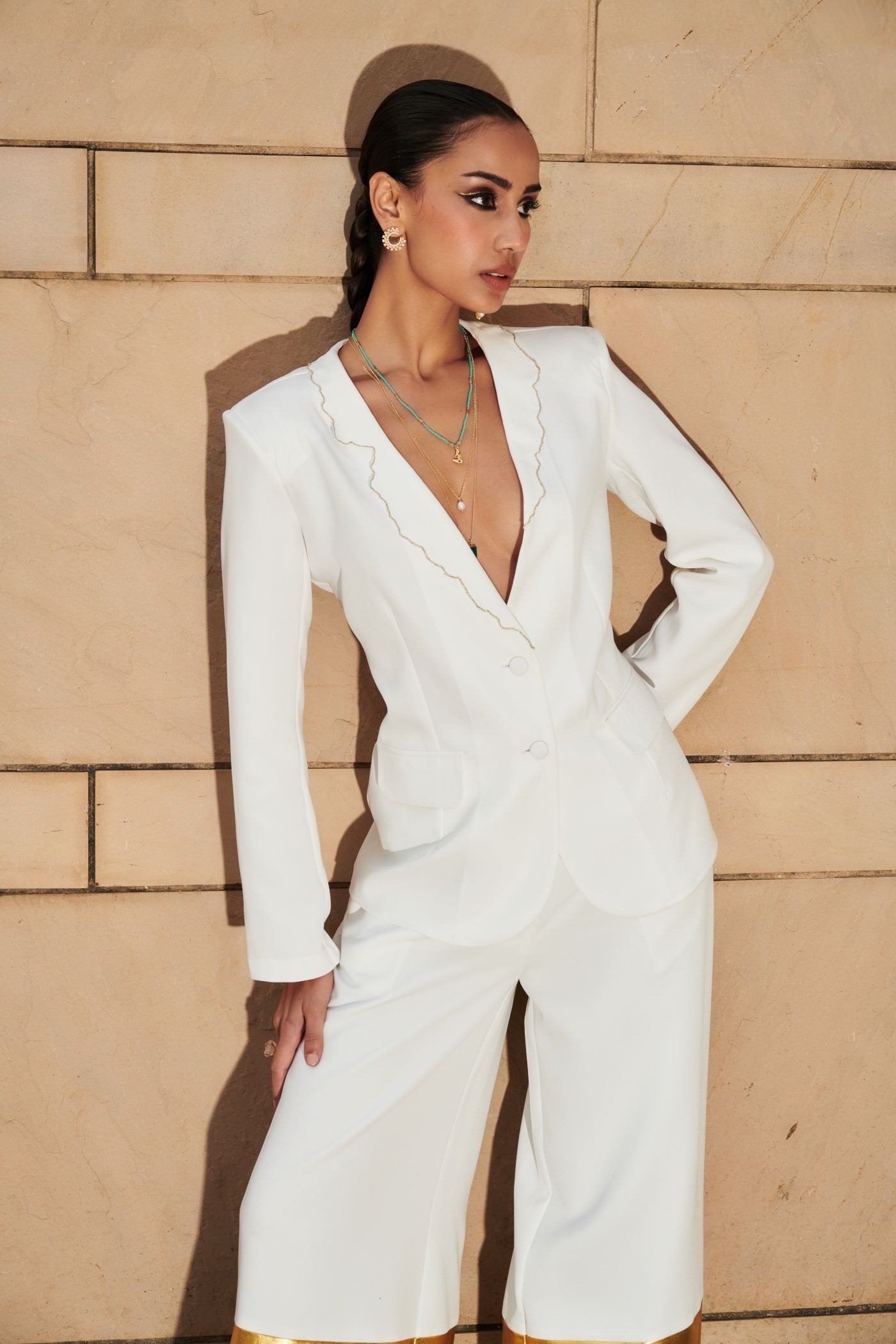 White Embroidered Blazer With Extra  Wide Leg Pants