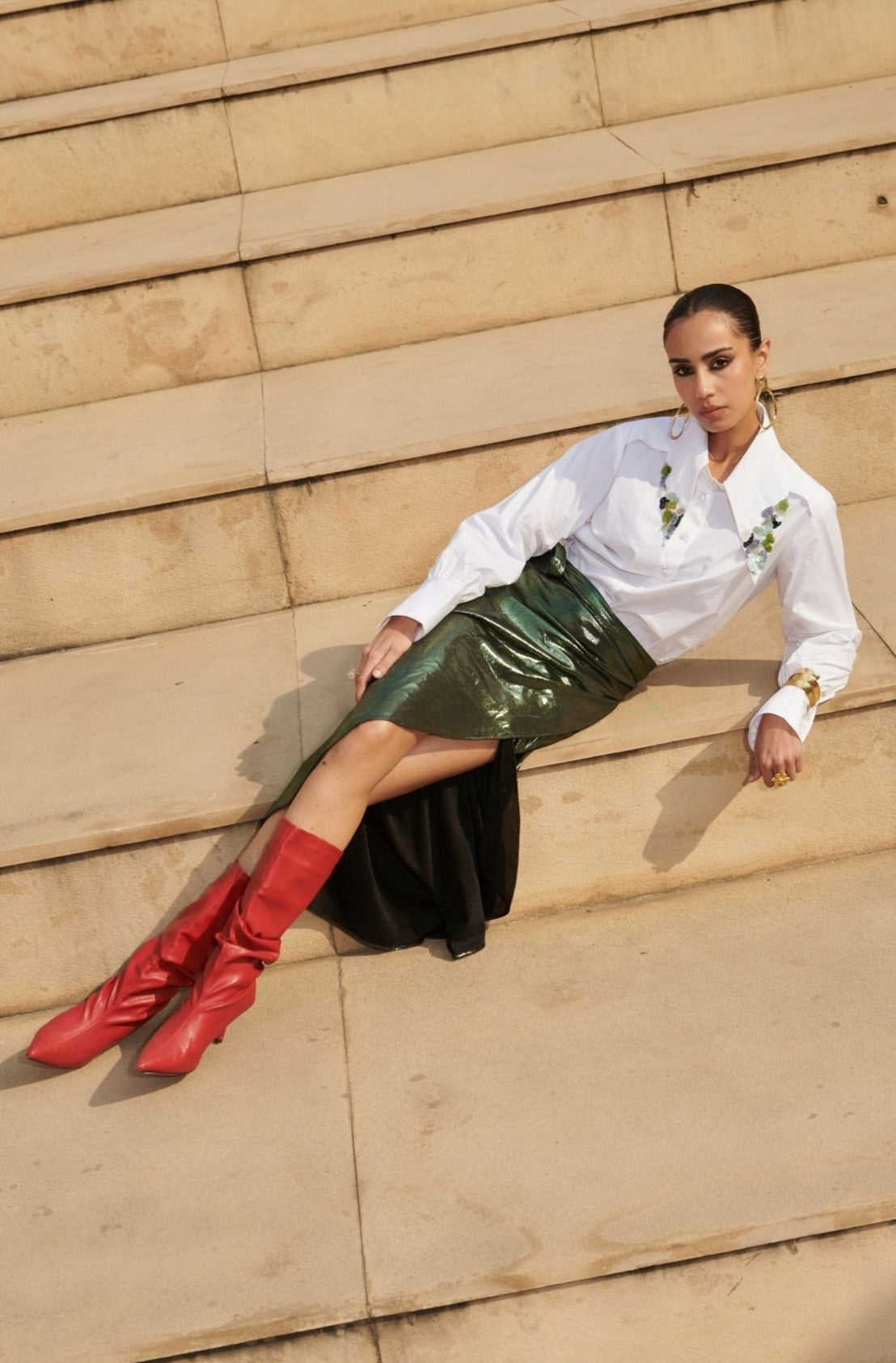 Poplin Embroidered Neck Shirt With Metallic Wrap-On Skirt