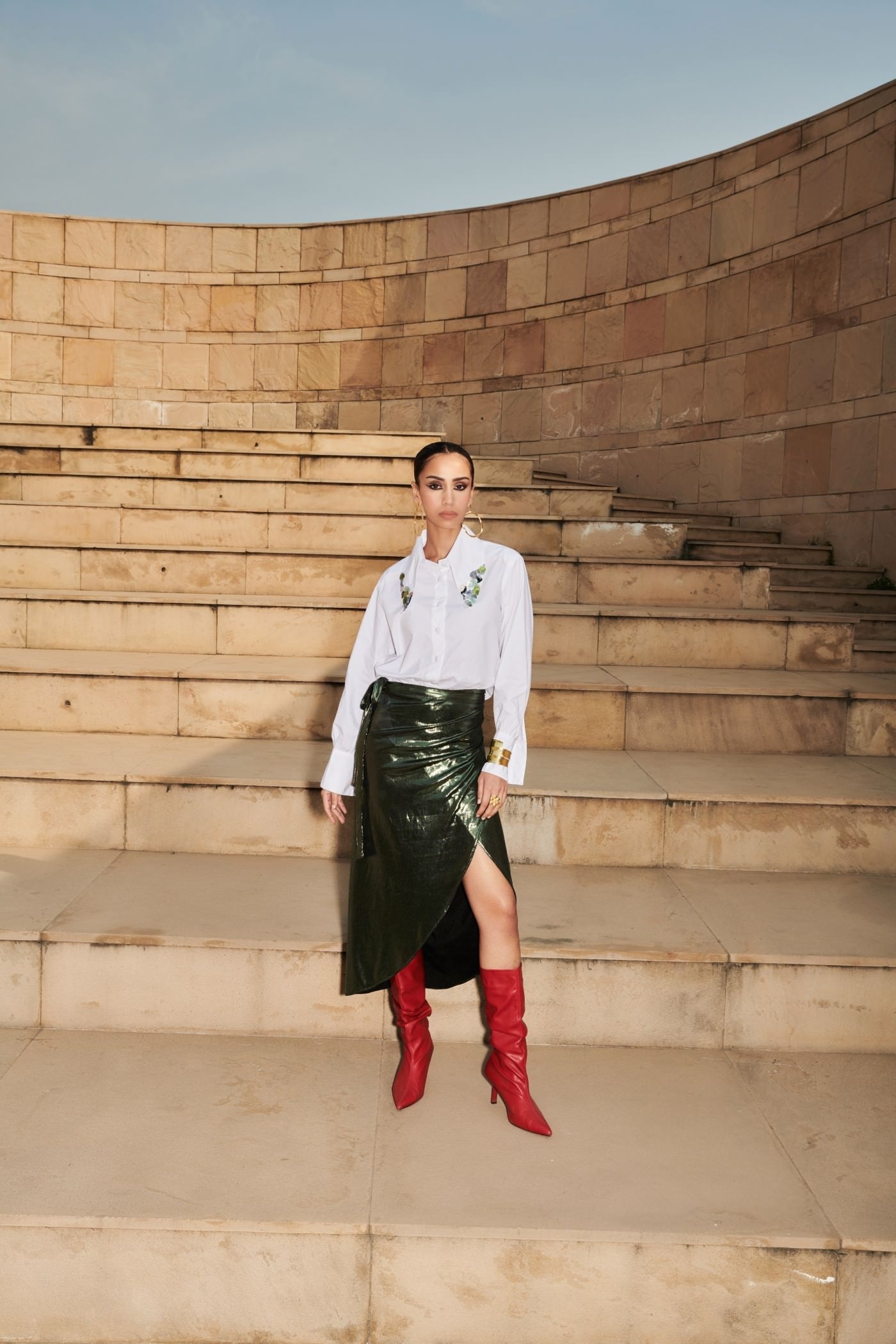 Poplin Embroidered Neck Shirt With Metallic Wrap-On Skirt