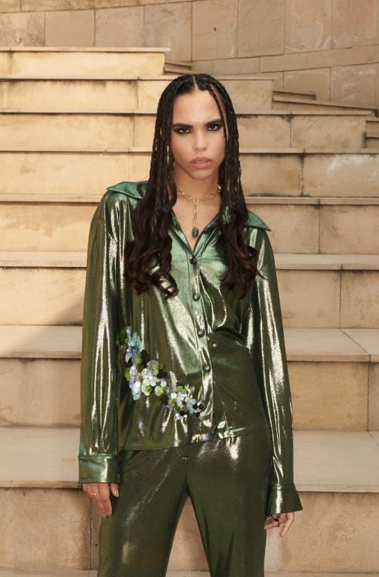 Metallic Green Embroidered Shirt