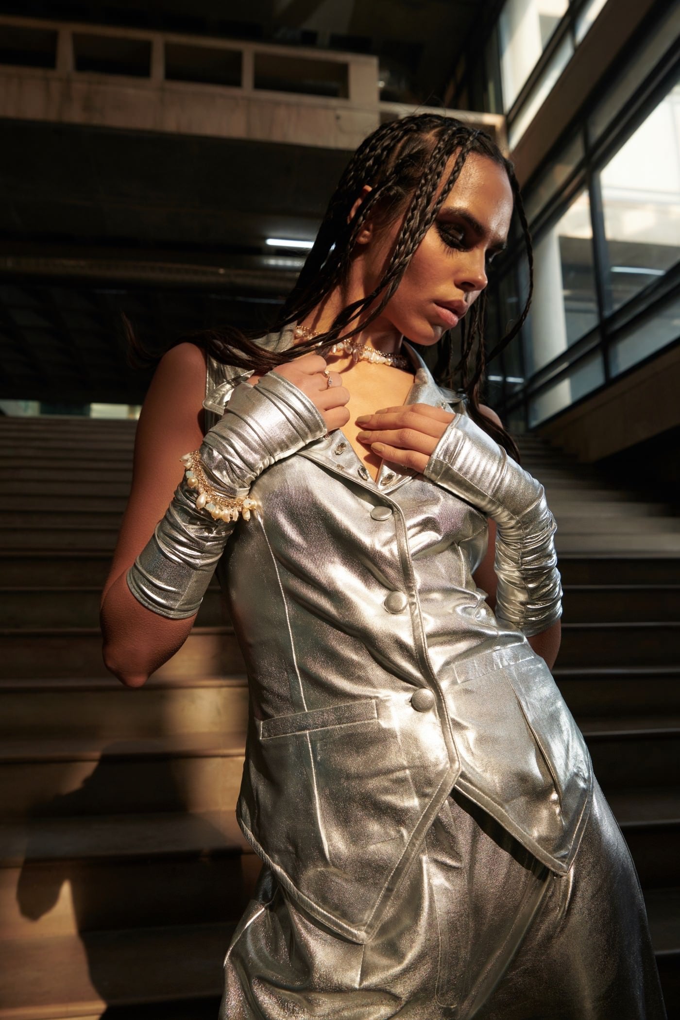 Embroidered Silver Leatherette Vest And Pant Set