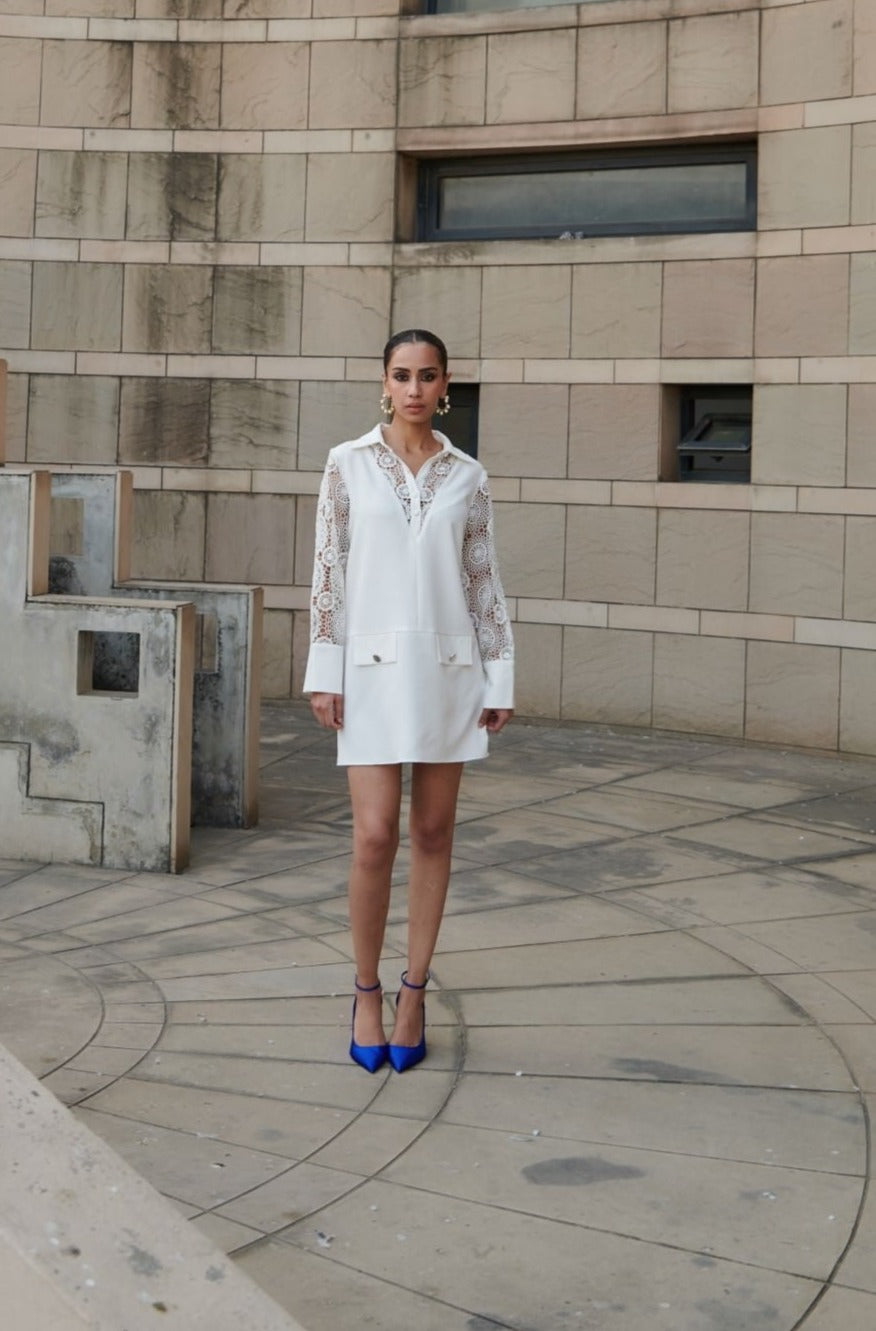 White Mini Shirt Dress With Lace Details