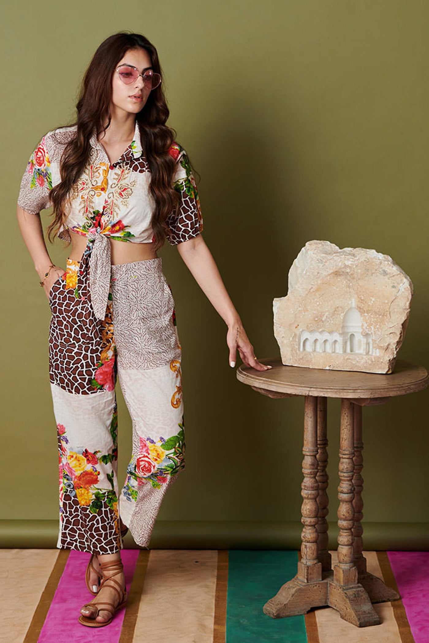 printed tie up shirt with pant set