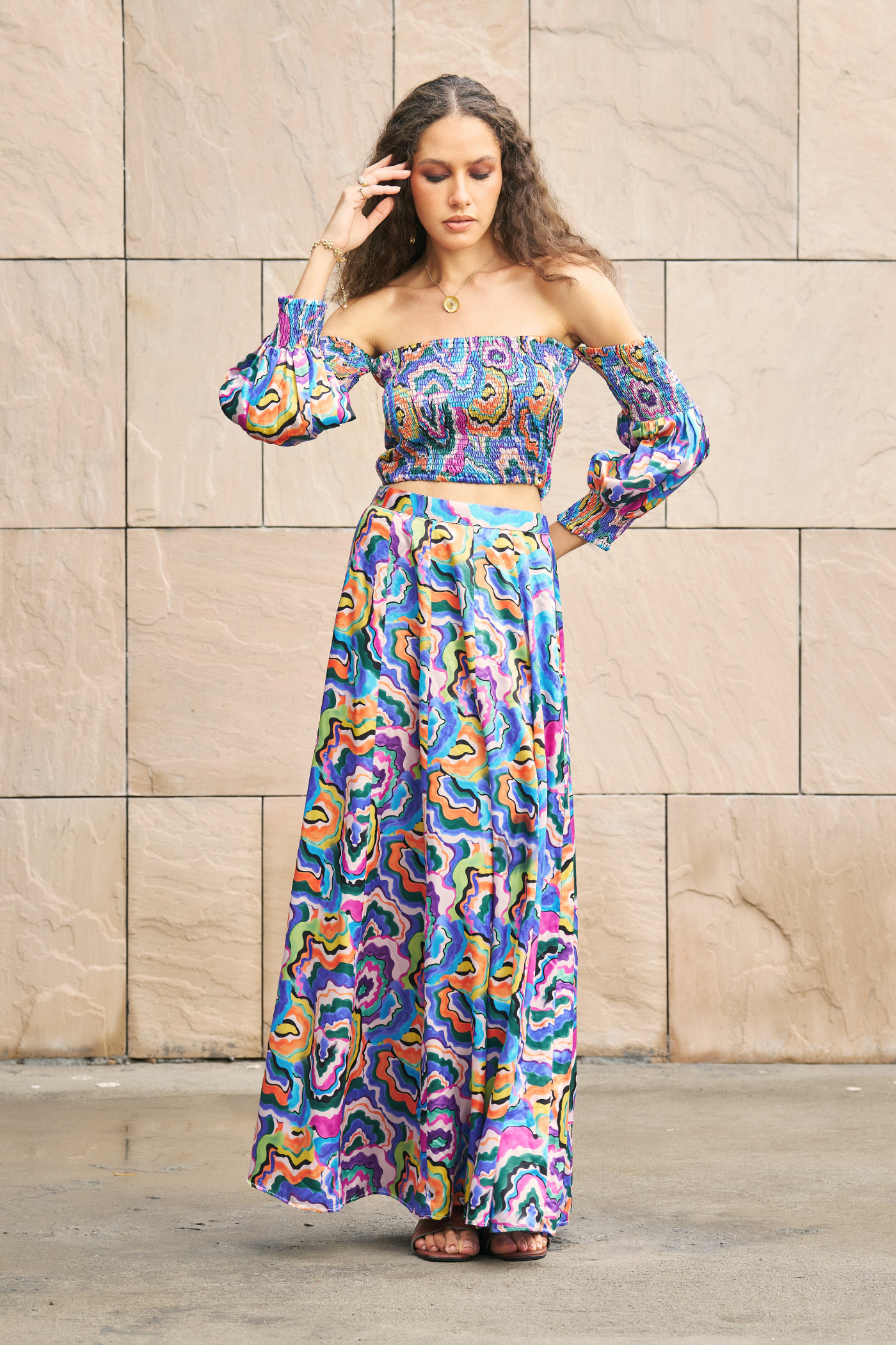 Multicolor Printed Abstract Tube Crop Top With Maxi Skirt