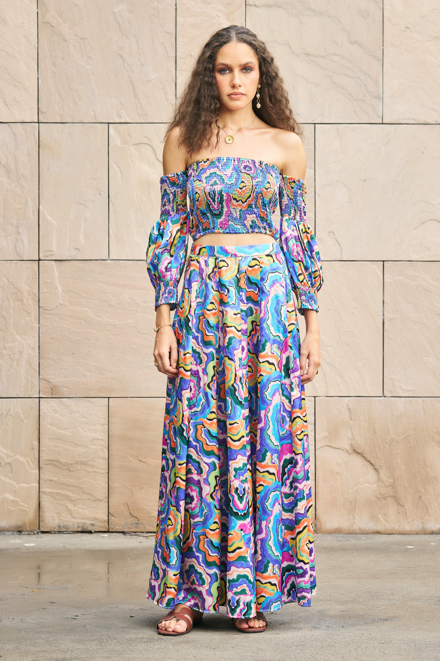 Multicolor Printed Abstract Tube Crop Top With Maxi Skirt