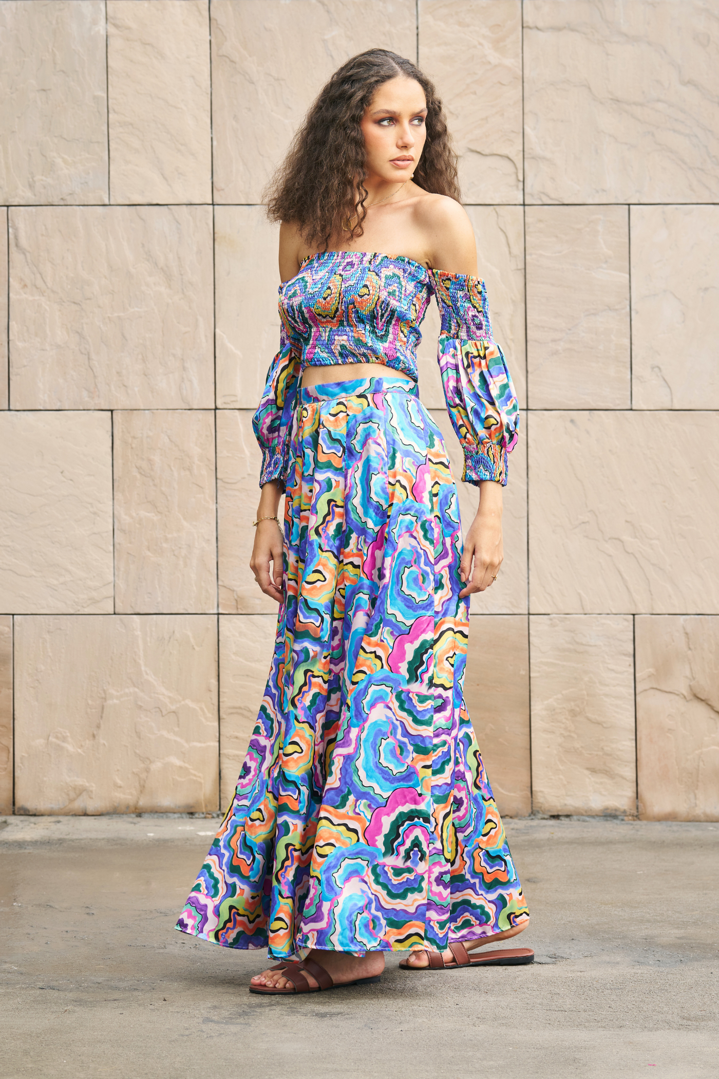 Multicolor Printed Abstract Tube Crop Top With Maxi Skirt