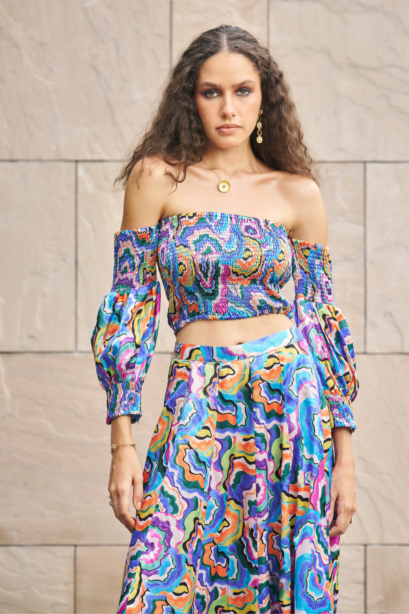 Multicolor Printed Abstract Tube Crop Top With Maxi Skirt