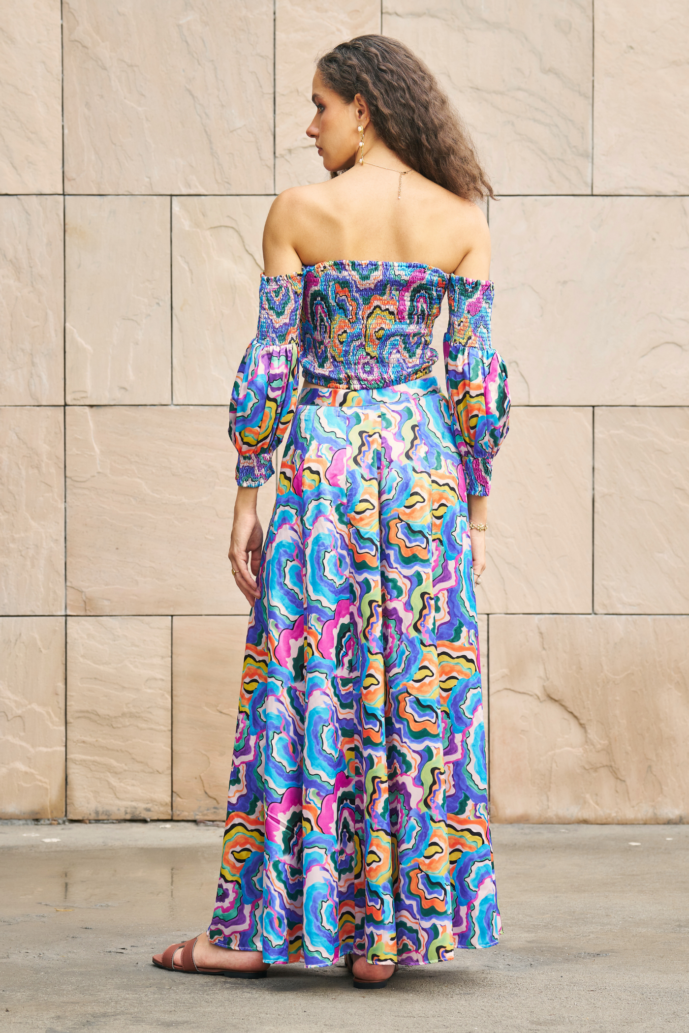 Multicolor Printed Abstract Tube Crop Top With Maxi Skirt