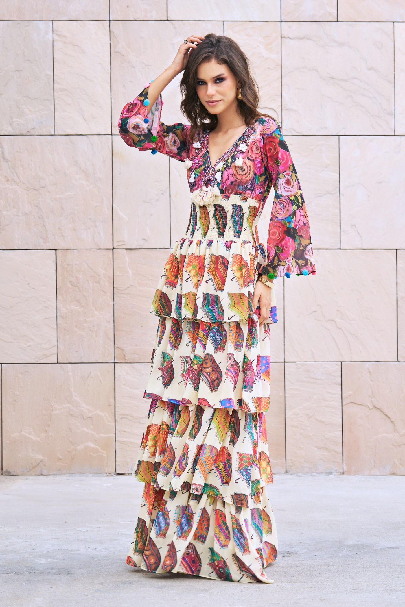 Umbrella Printed Tier Maxi Dress