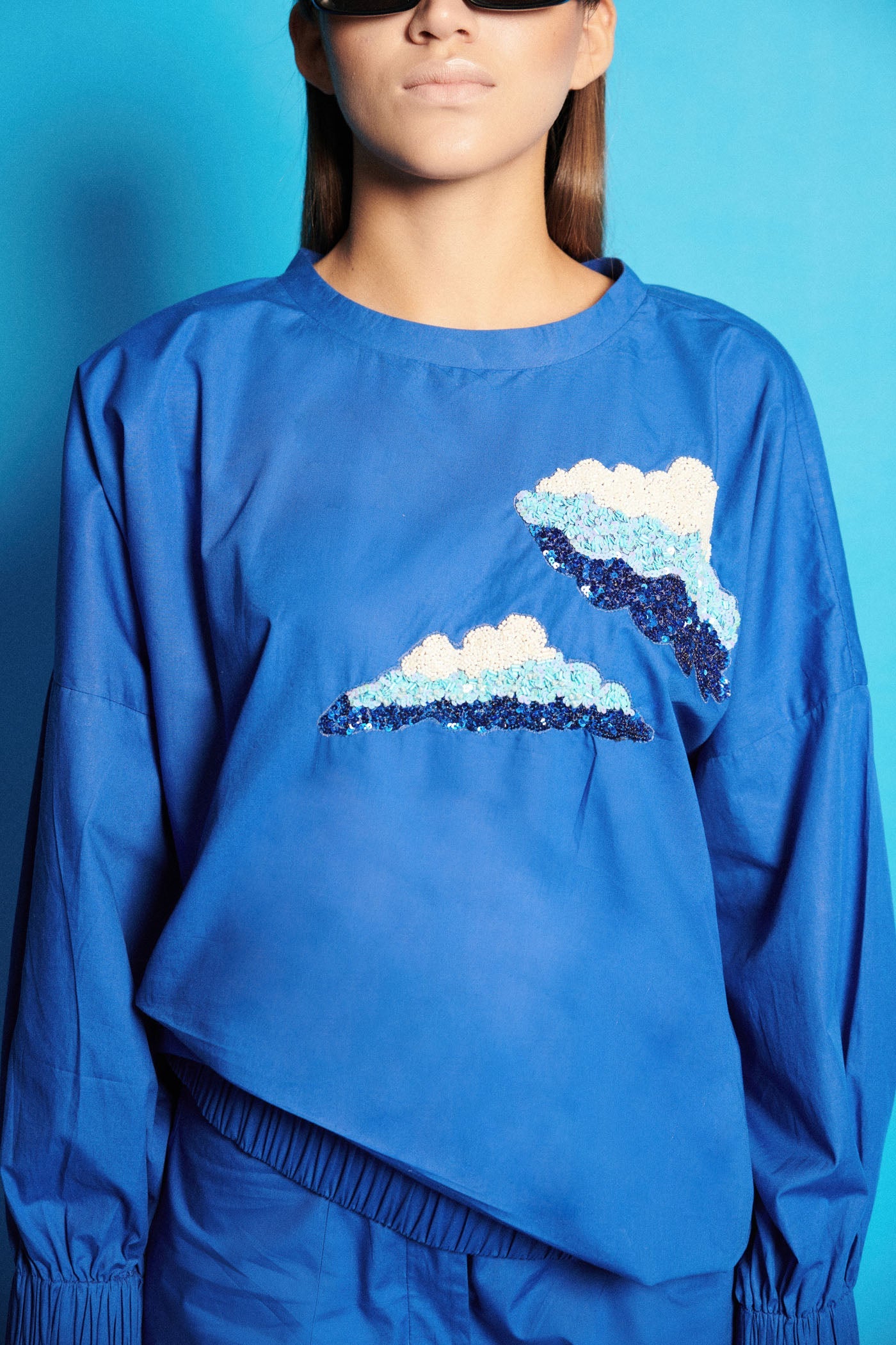 Blue Embroidered Poplin Top
