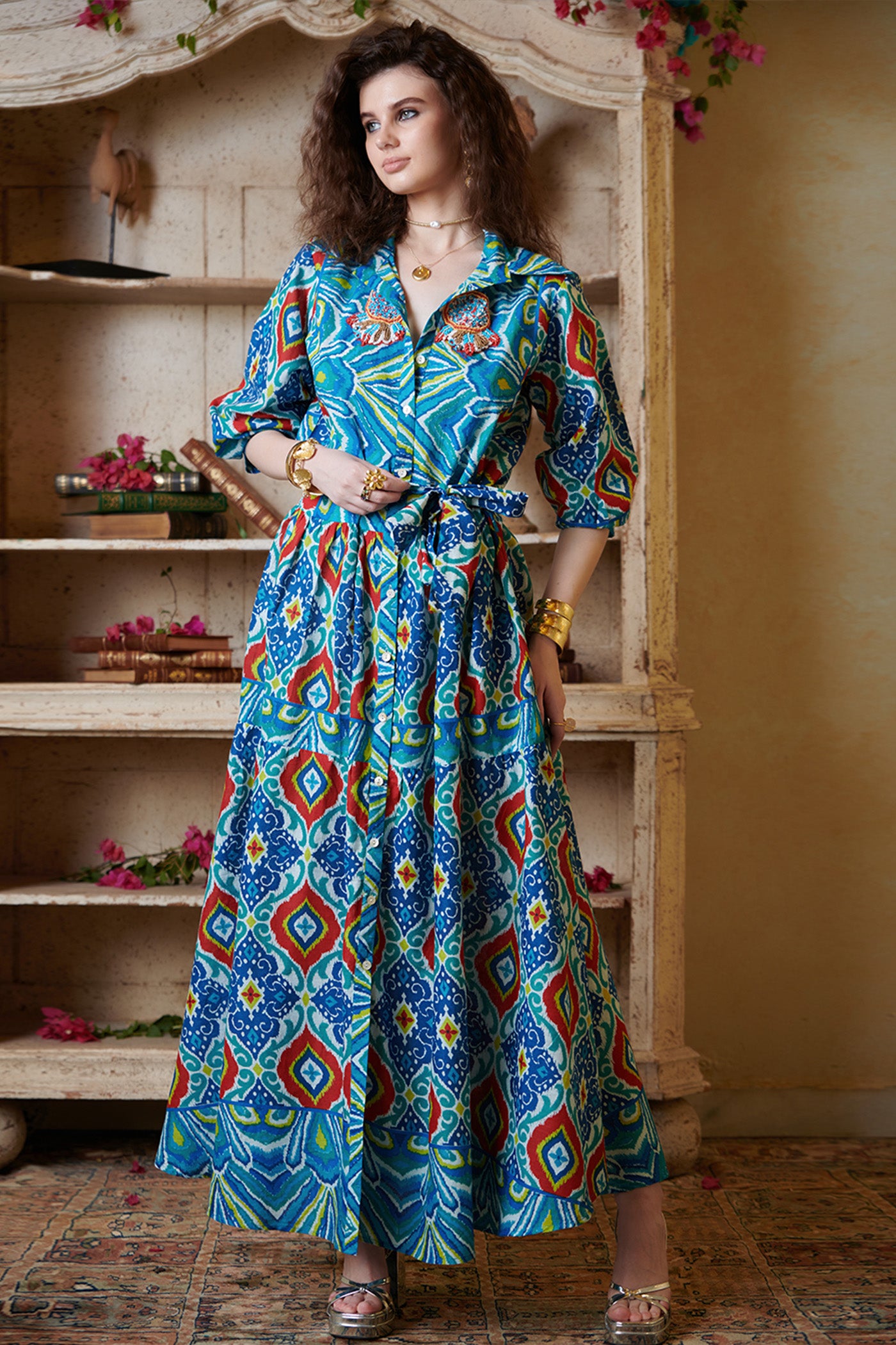 Multicolor Printed Maxi Shirt Flare Dress