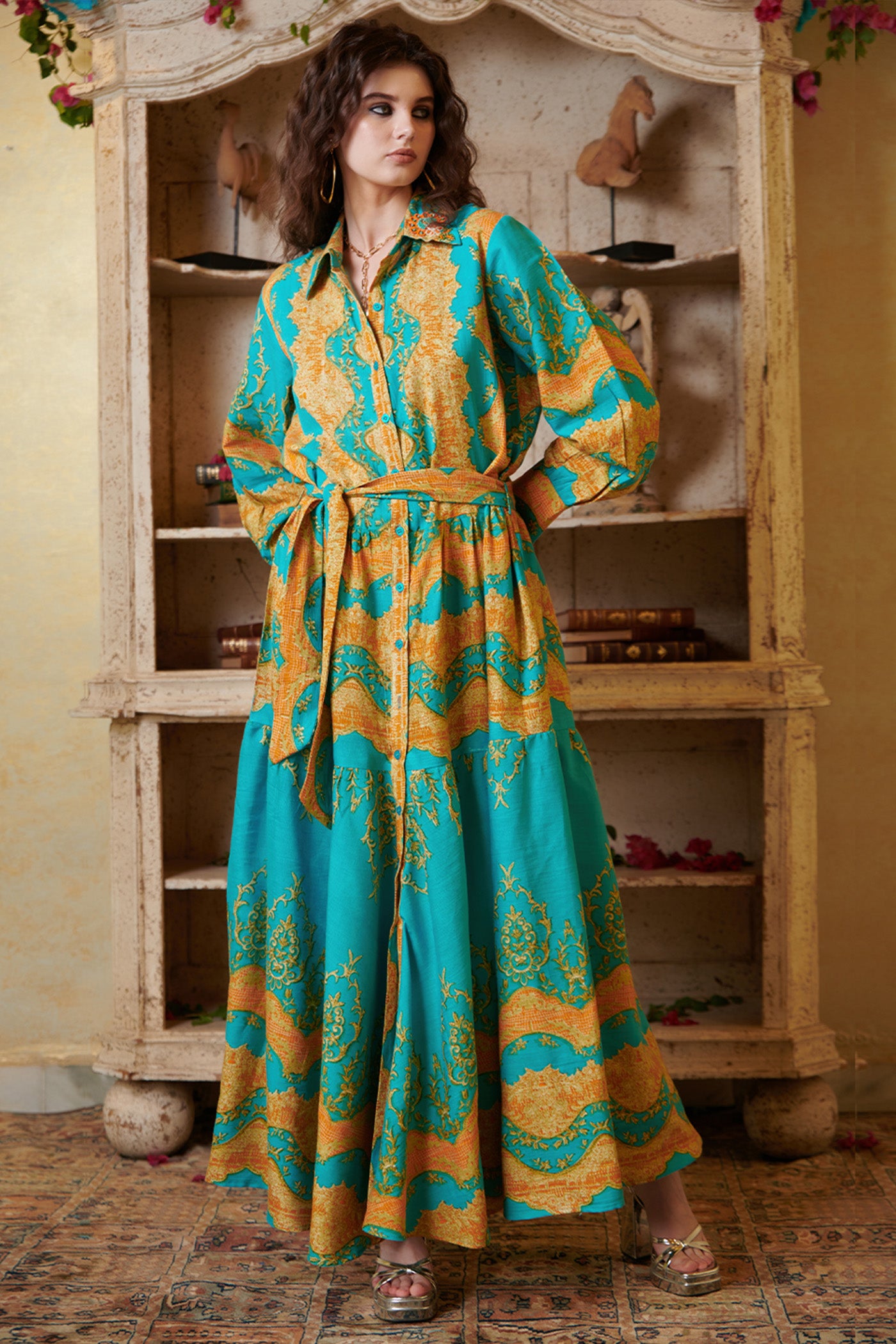 Teal Green Printed Flare Maxi Shirt Dress