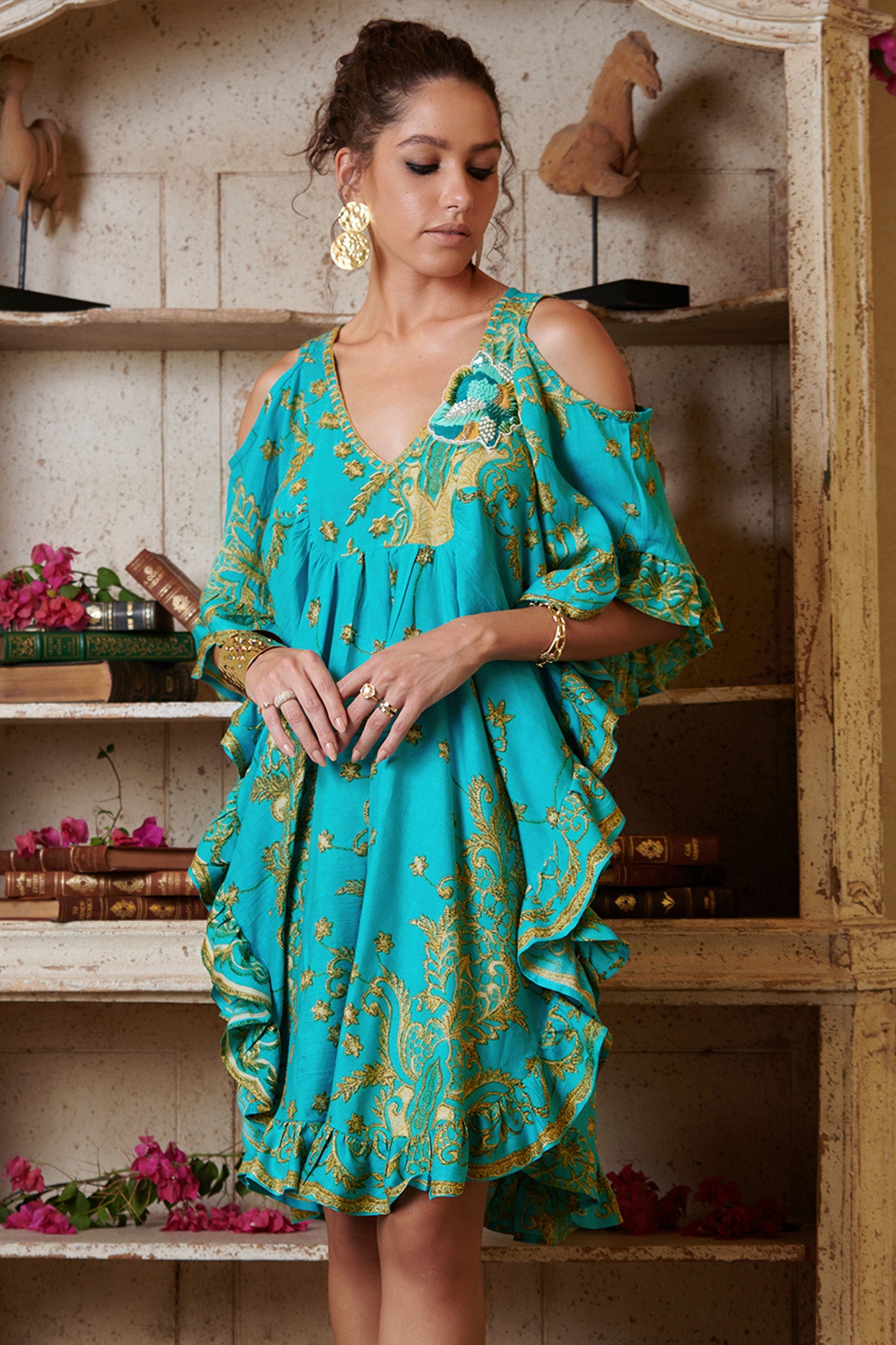 Teal Green Printed Cold Shoulder Mini Kaftan