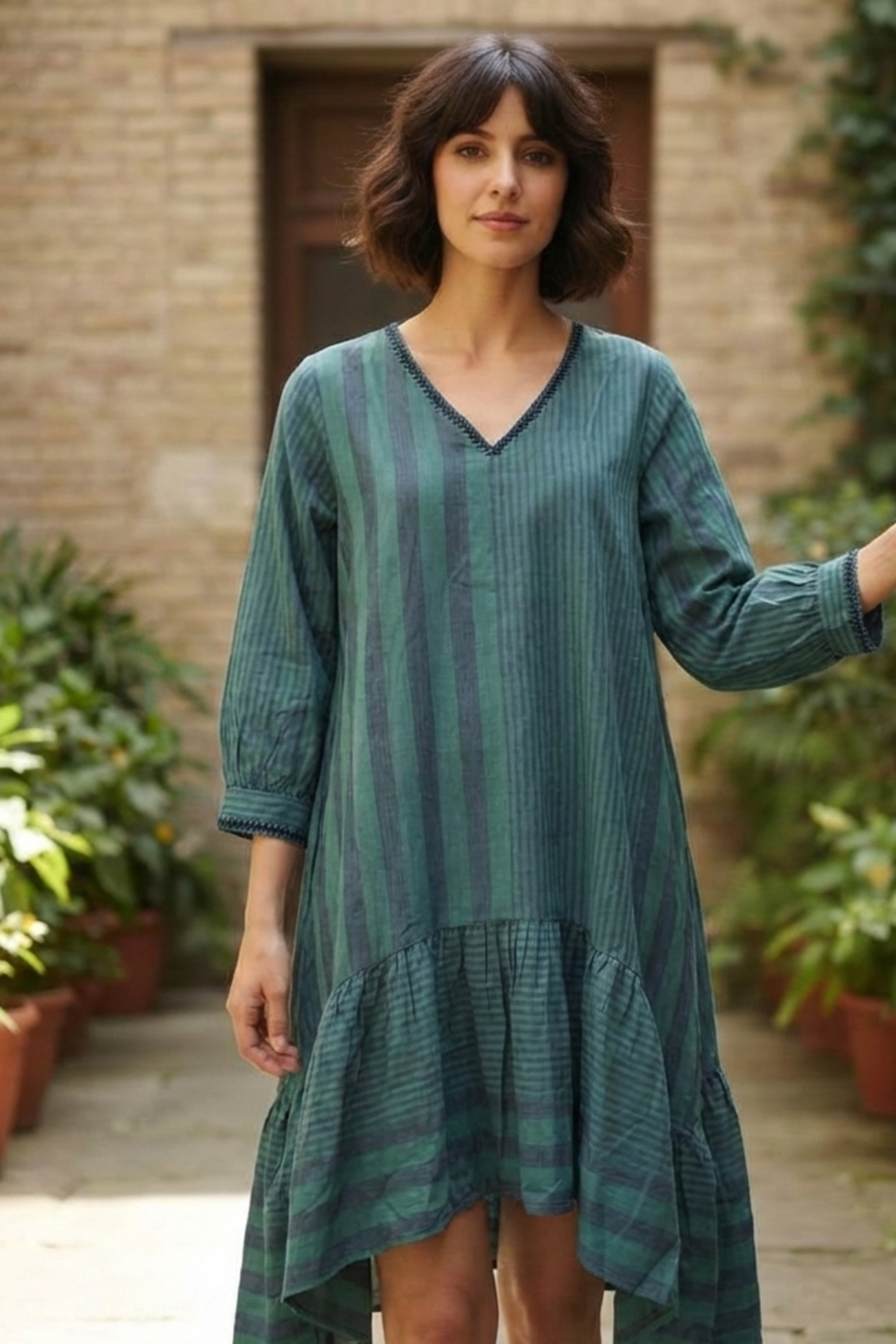 Verdant Stripe Tiered Dress