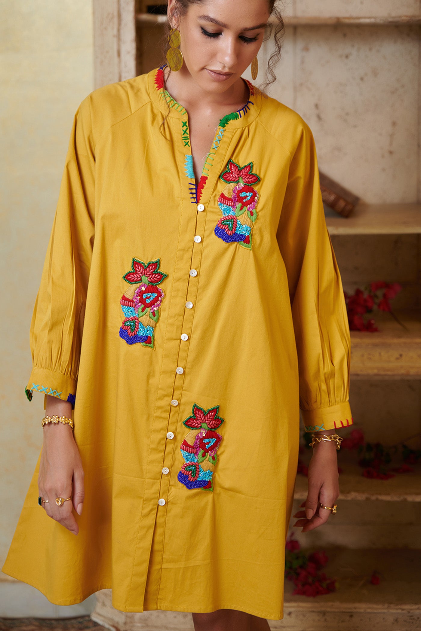 Poplin Mustard Embroidered Shirt Dress