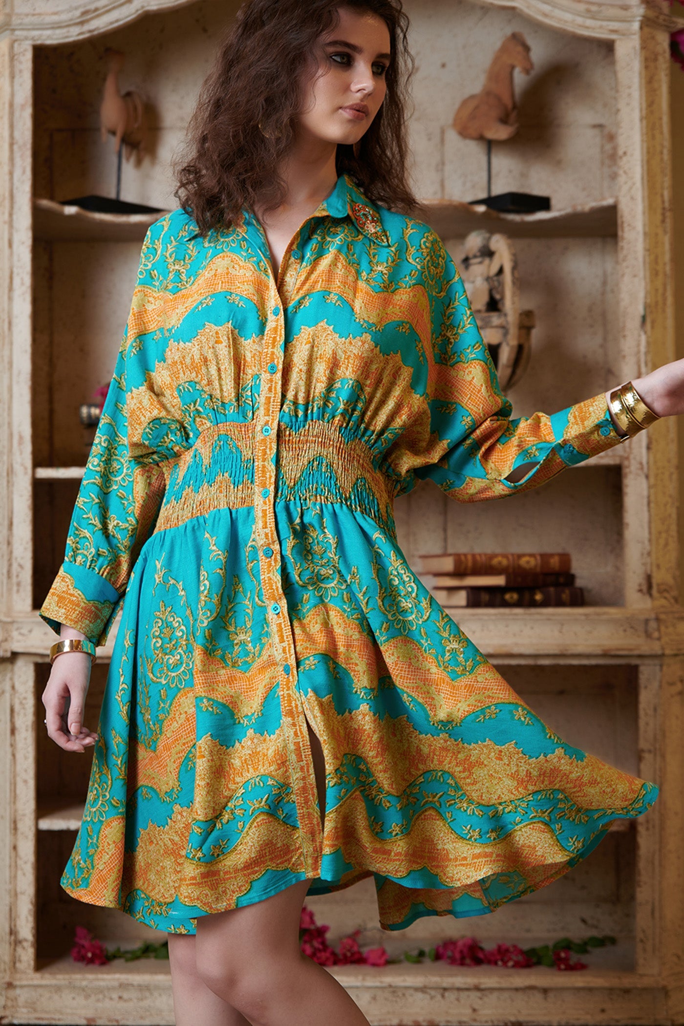 Teal Green Printed Mini Shirt Dress