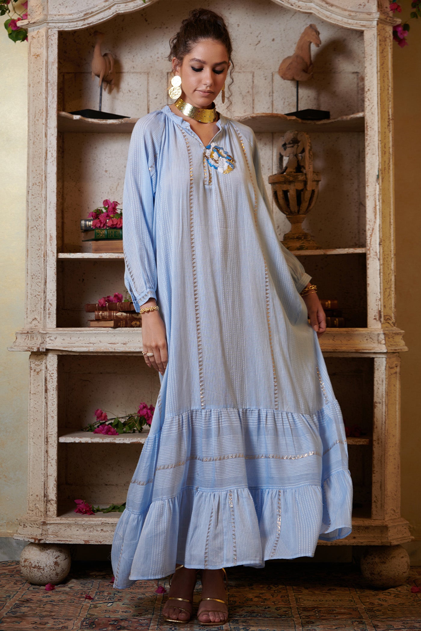 Blue & Silver Stripe Embroidered Maxi Tier Dress