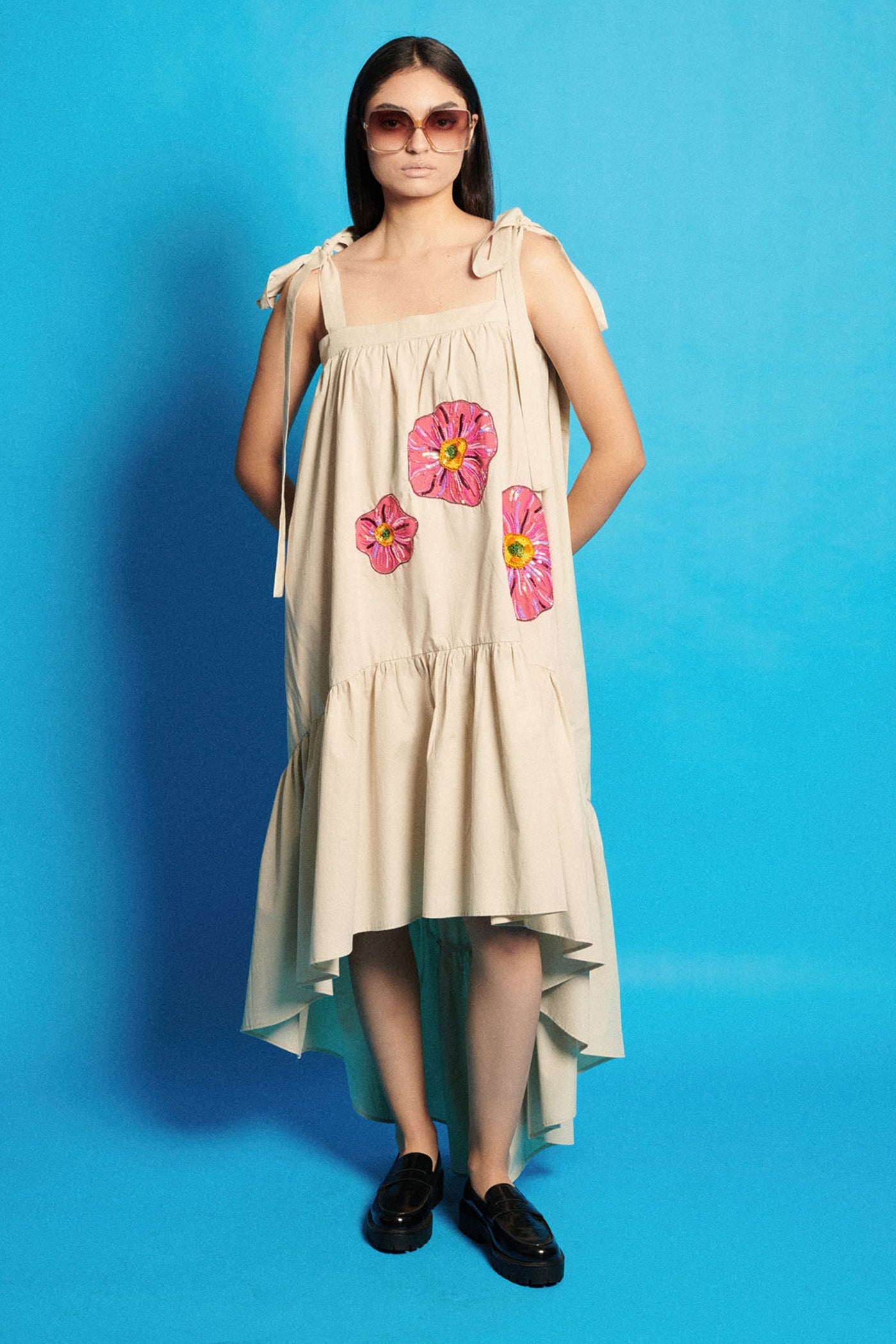 Poplin High Low Embroidered Dress