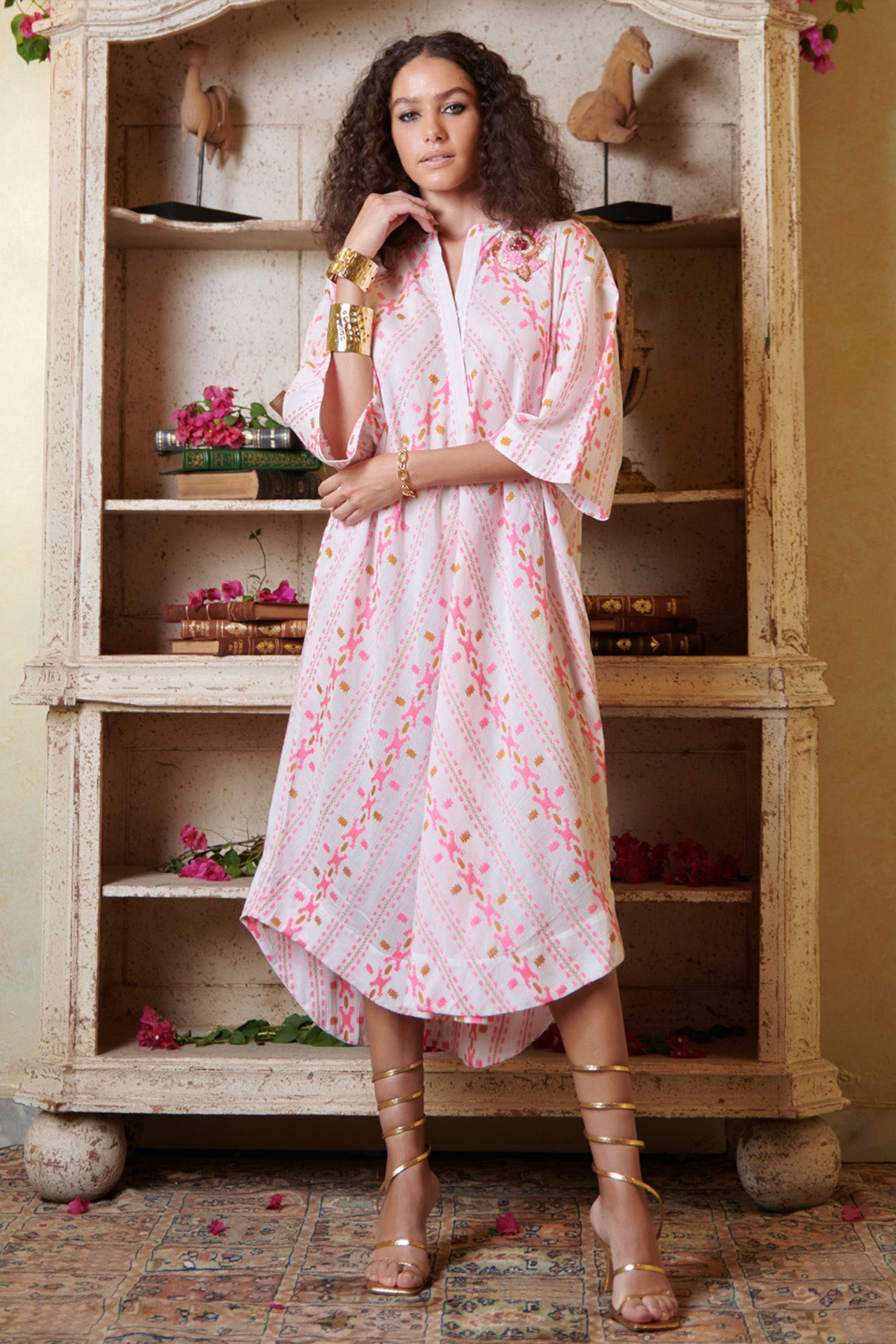 Printed Pink And White Assymetrical Shirt Midi Dress