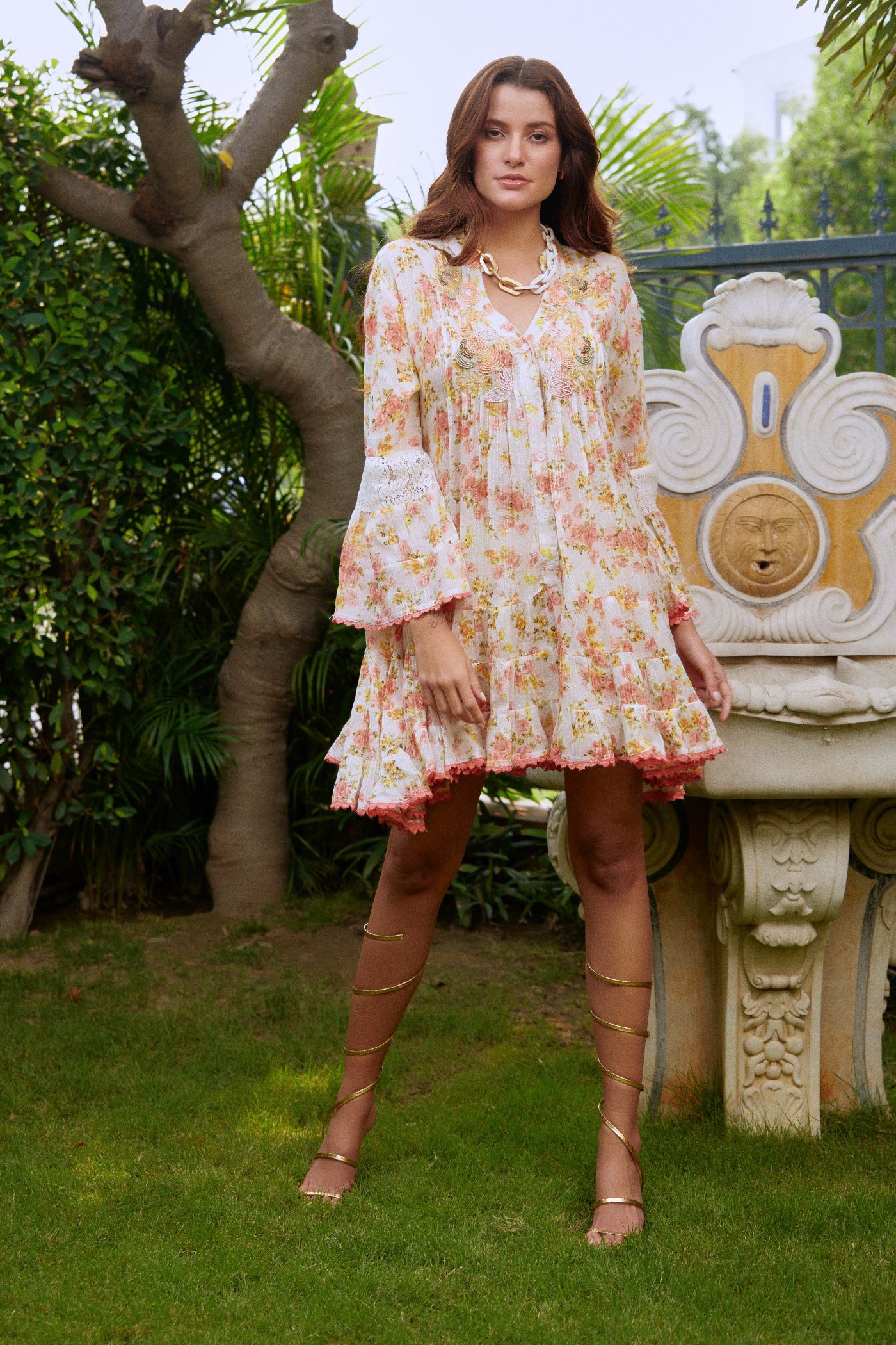 floral print embroided short dress