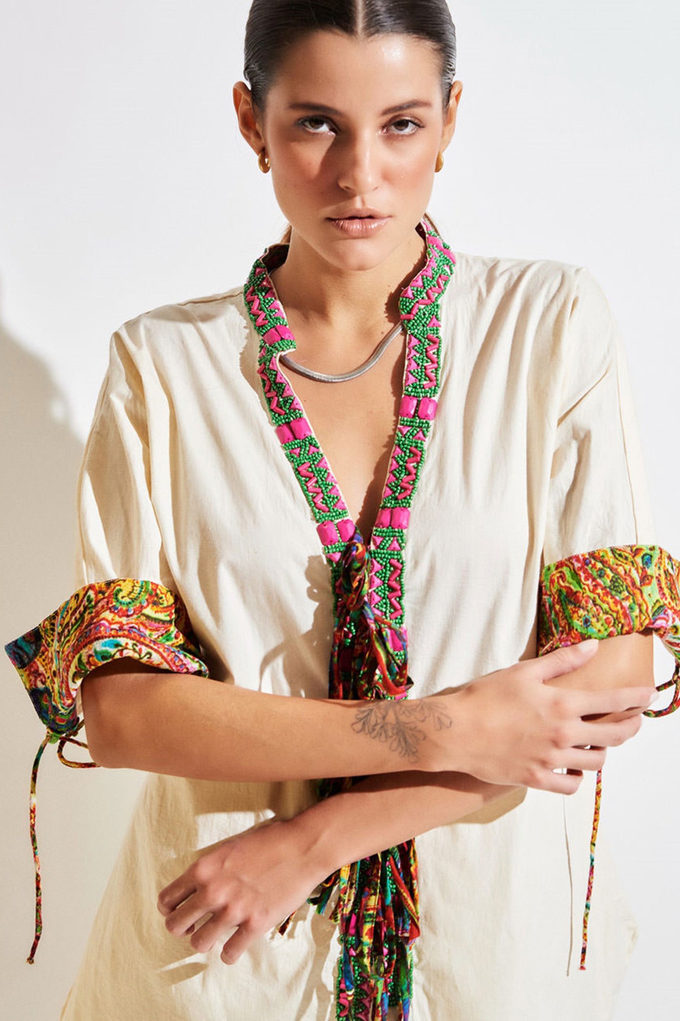 embroided neck top with stylish strings