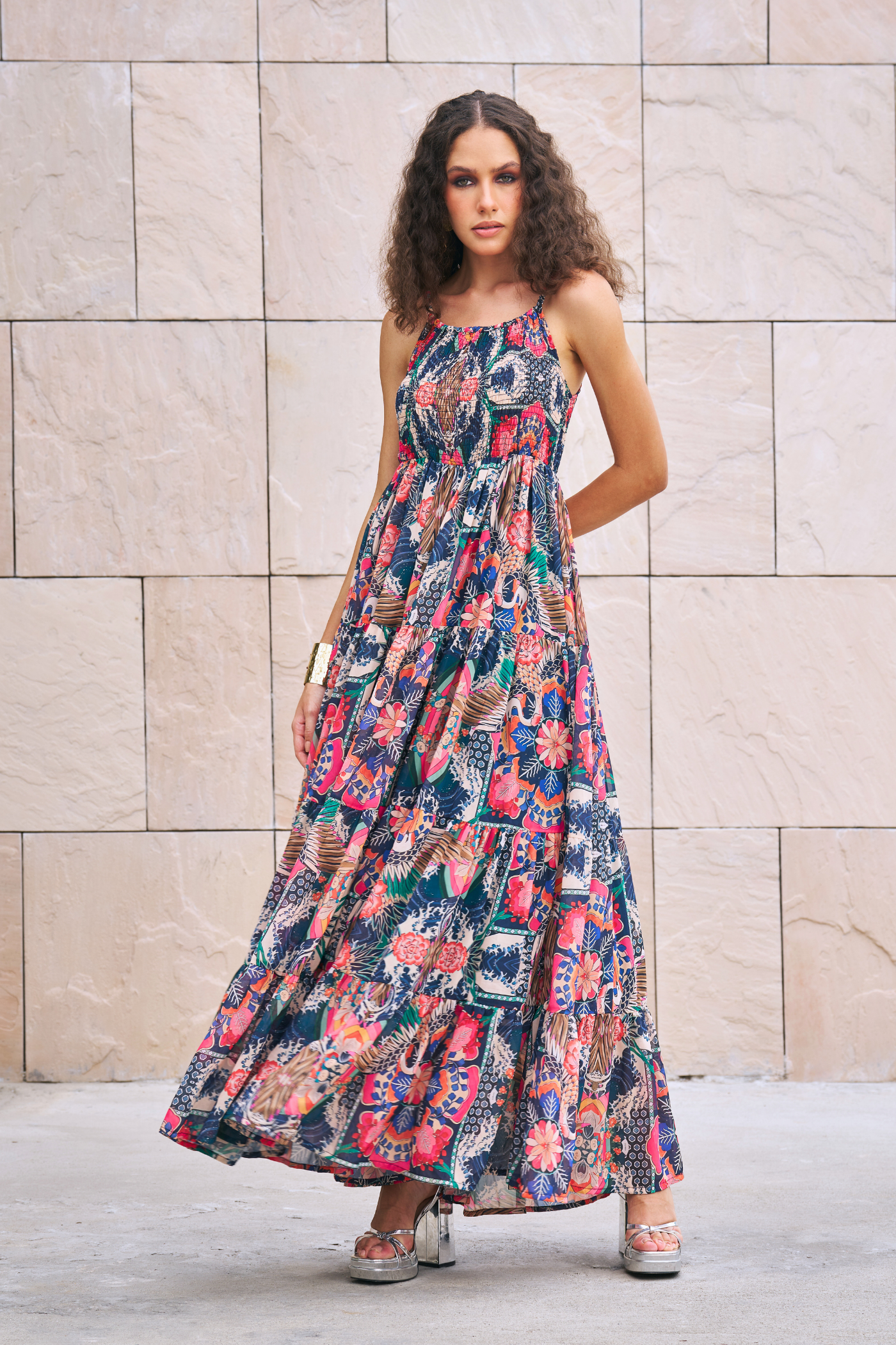 Multicolor Printed Smocking Maxi Dress