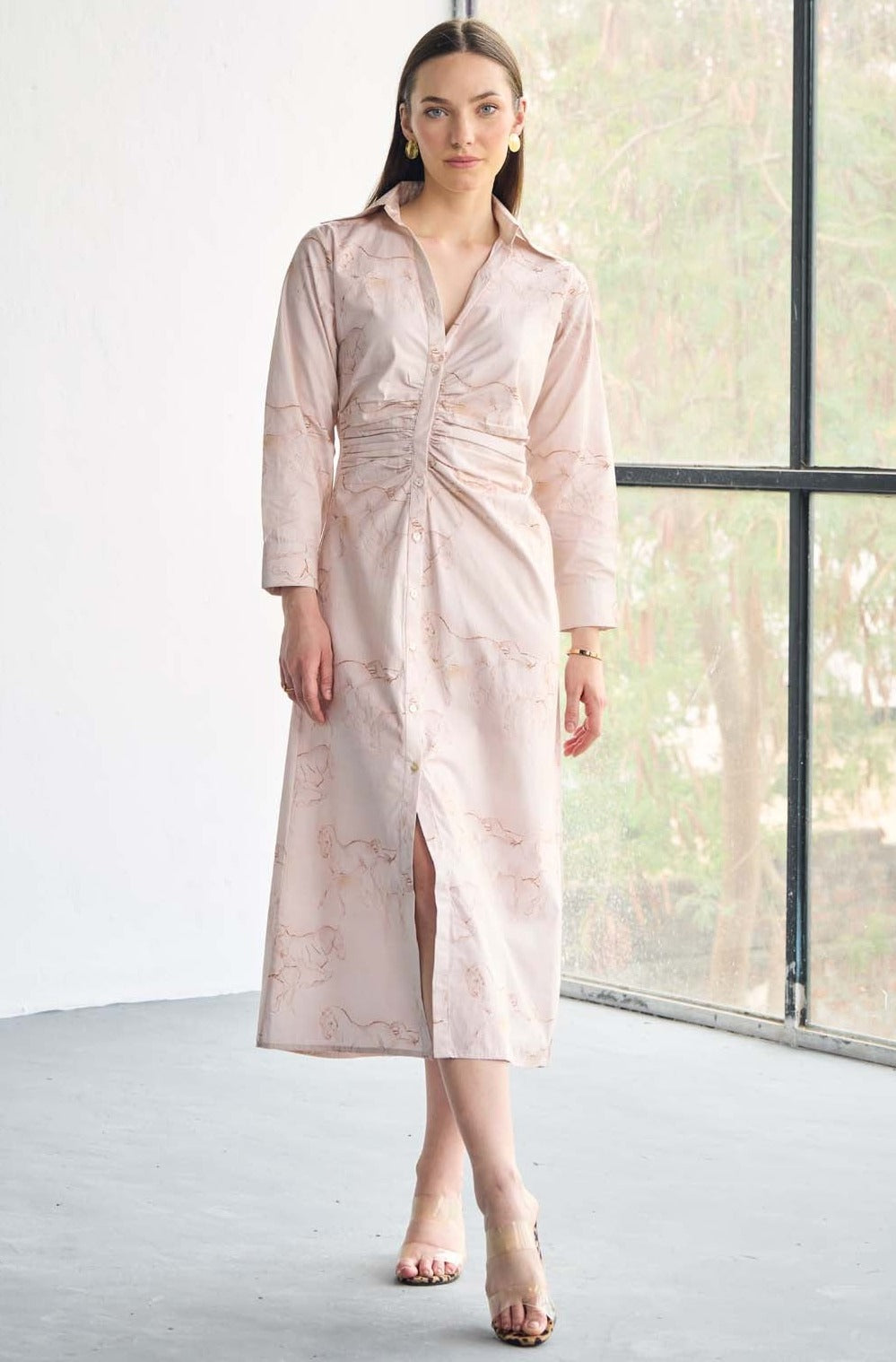 Poplin Pink Horse printed pleated shirt midi dress