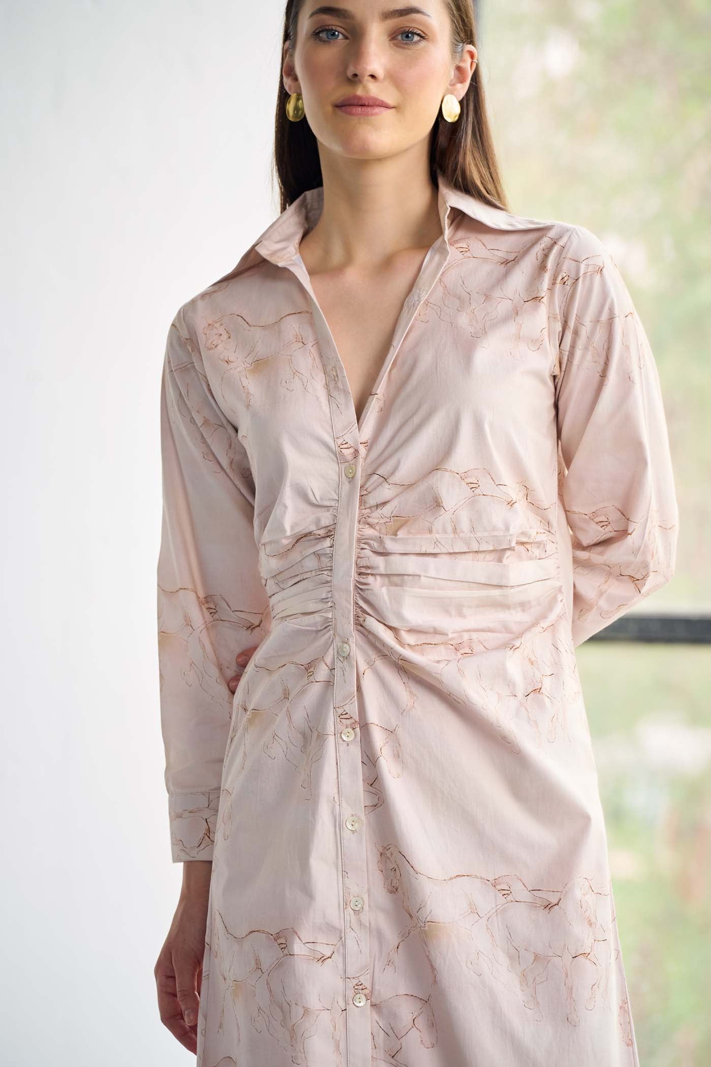 Poplin Pink Horse printed pleated shirt midi dress