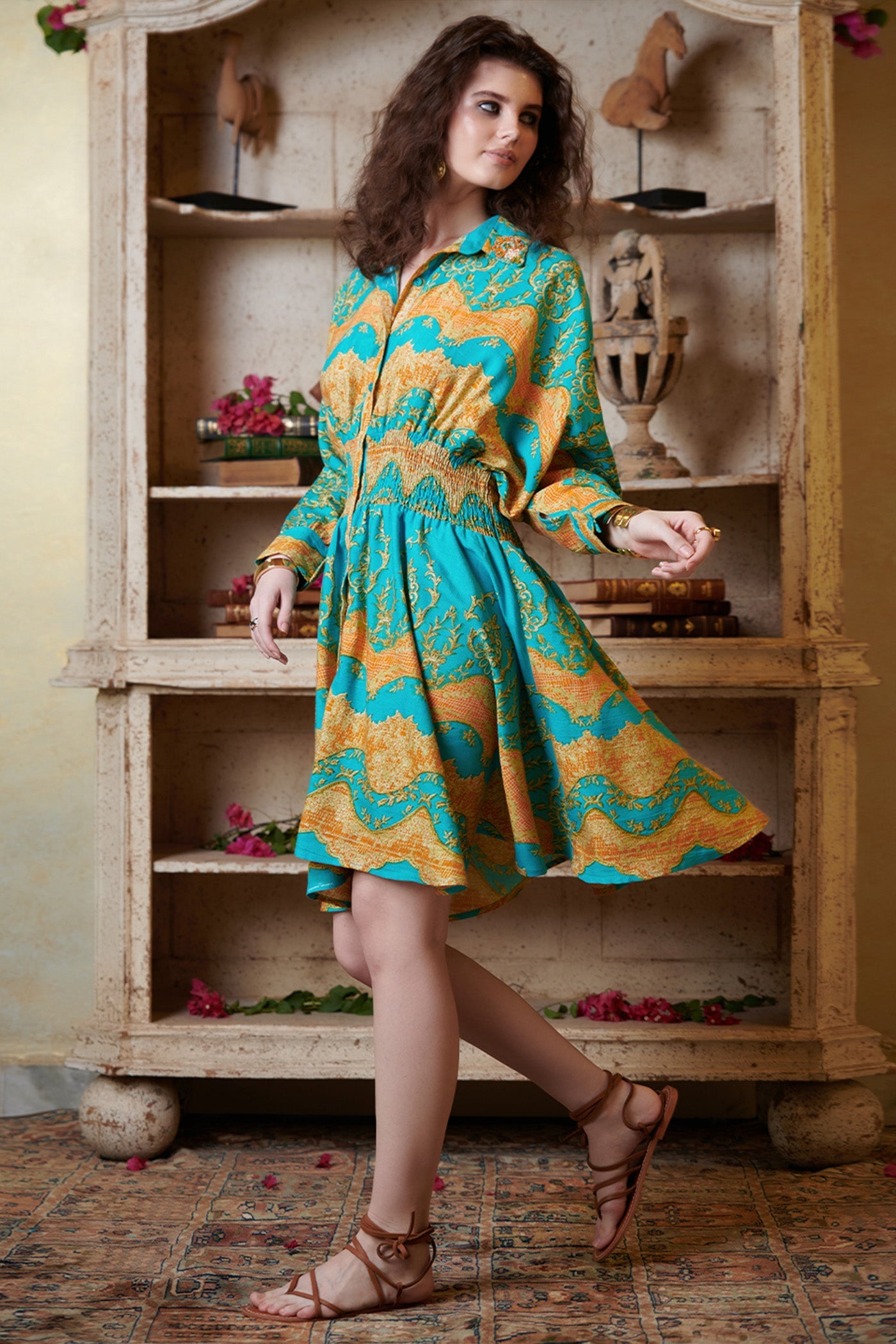 Teal Green Printed Mini Shirt Dress