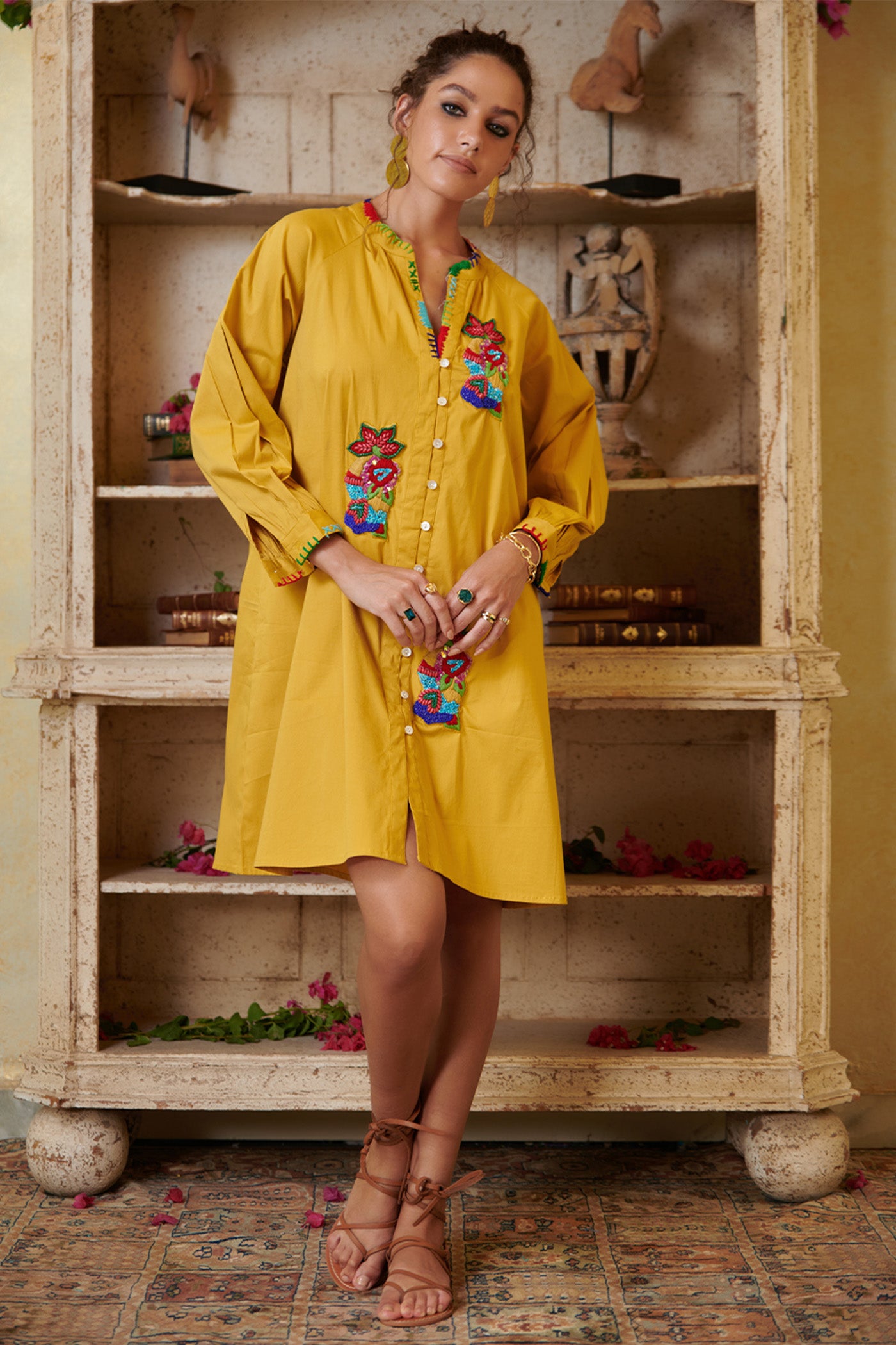 Poplin Mustard Embroidered Shirt Dress