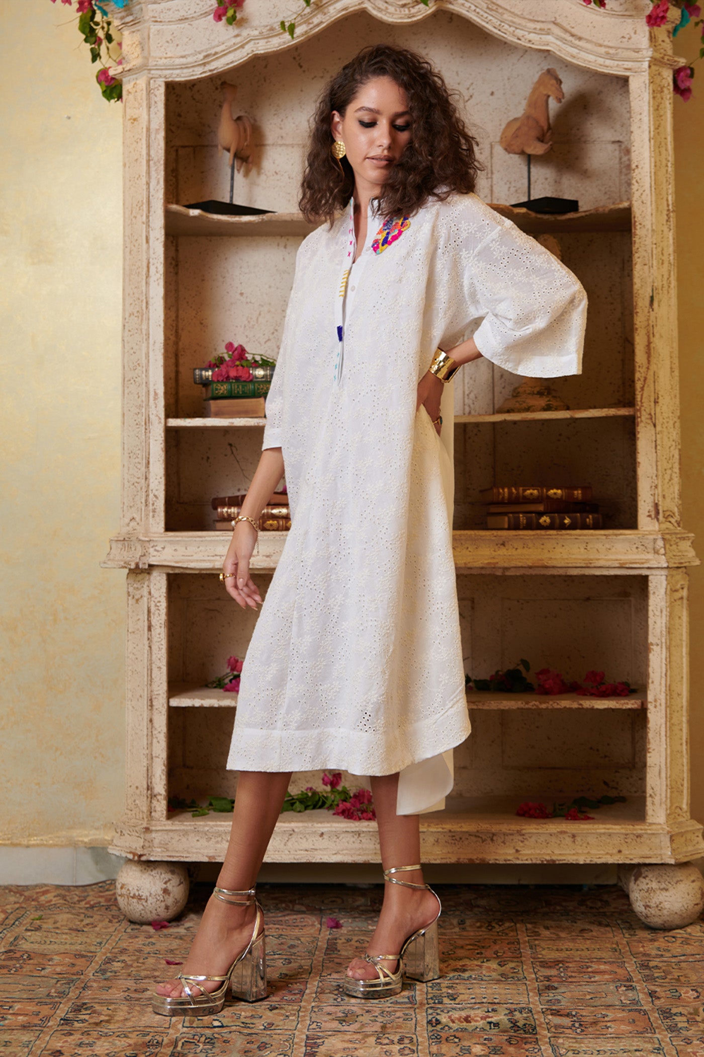 White High Low Embroidered Shirt Dress