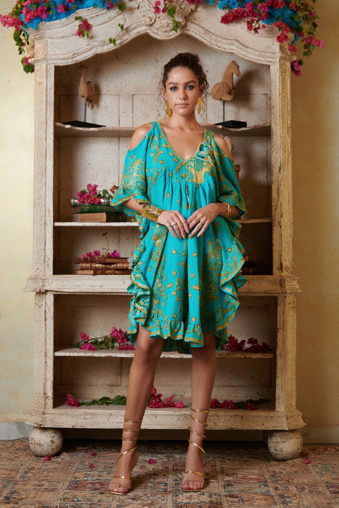 Teal Green Printed Cold Shoulder Mini Kaftan