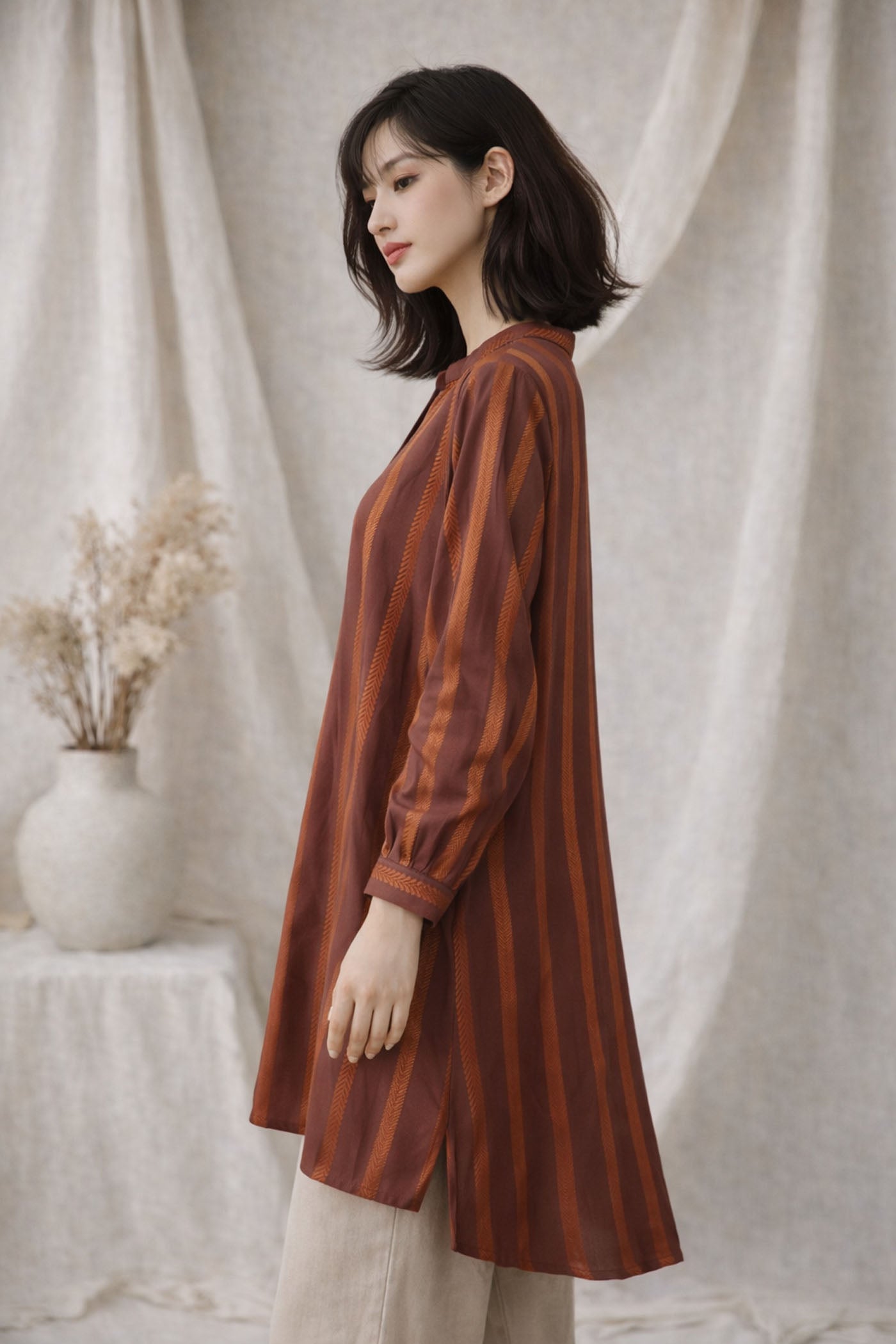 Striped Mandarin Collar Shirt Dress