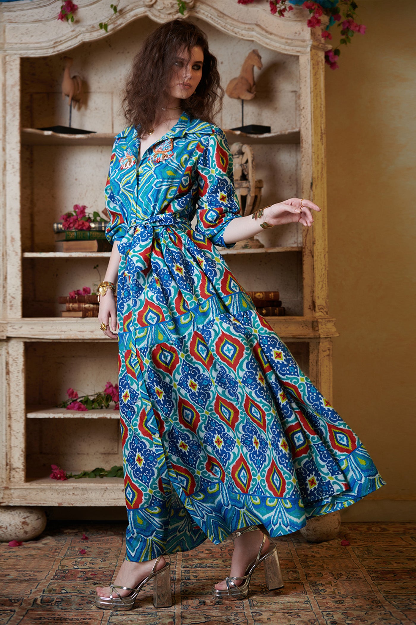 Multicolor Printed Maxi Shirt Flare Dress